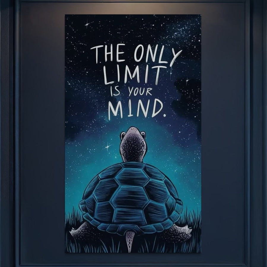 Tablou Canvas Premium LuxCanva® Q1001 prezintă o țestoasă privind un cer înstelat, cu mesajul inspirațional "The only limit is your mind", ideal pentru birou sau dormitor. Găsești la LuxCanva® - Magazin tablouri canvas și tablouri personalizate.