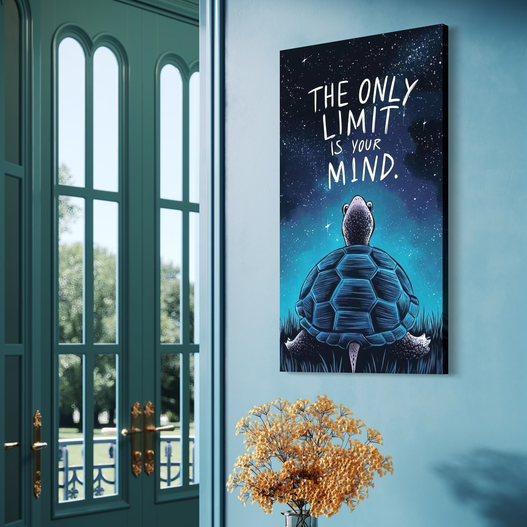 Tablou Canvas Premium, LuxCanva® Q1001, Curajul De a Crede, Limita, Testoasa, Cer, Instelat, Gandire, Motivatie, Curaj, Cosmos, Rabdare, Potential, Minte, Pozitiv, Credinta, Birou, Dormitor