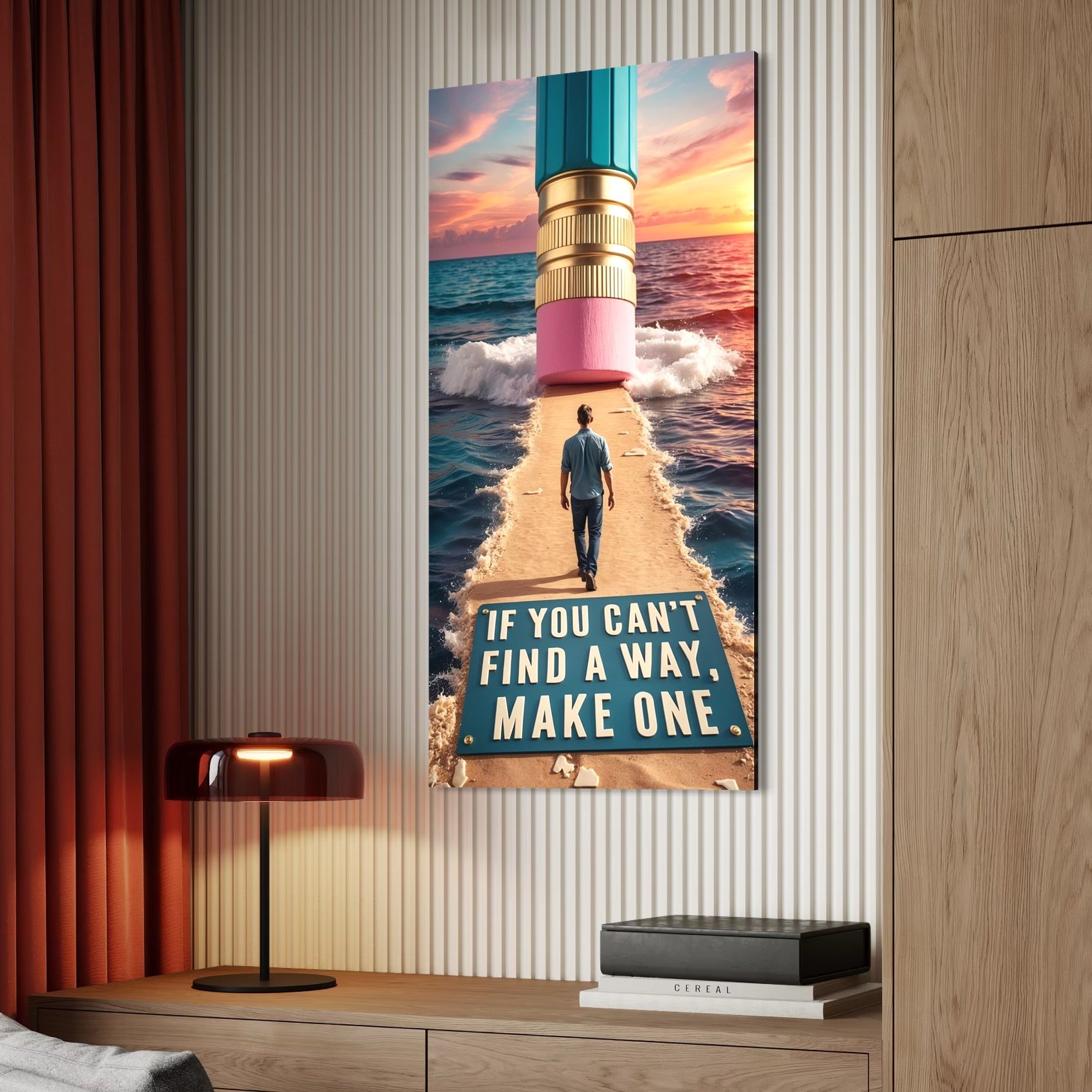 Tablou Canvas Premium, LuxCanva® Q1002, Omul Care Face Drumul, Barbat, Ambitie, Solutii, Succes, Valuri, Apus, Radiera, Creatie, Libertate, Orizont, Pasi, Cale, Creion, Destin, Birou, Dormitor