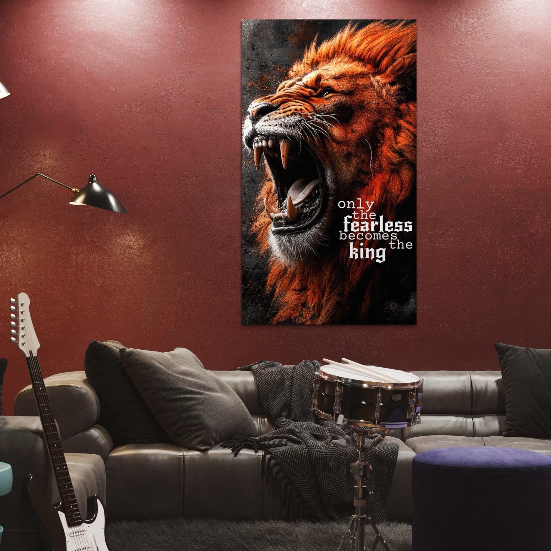 Tablou Canvas Premium, LuxCanva® Q1004, Regele Fara Frica, Putere, Dominant, Suprematie, Autoritate, Leu, Rege, Coroana, Coama, Feroce, Stapan, Voce, Raget, Conducator, Birou, Dormitor