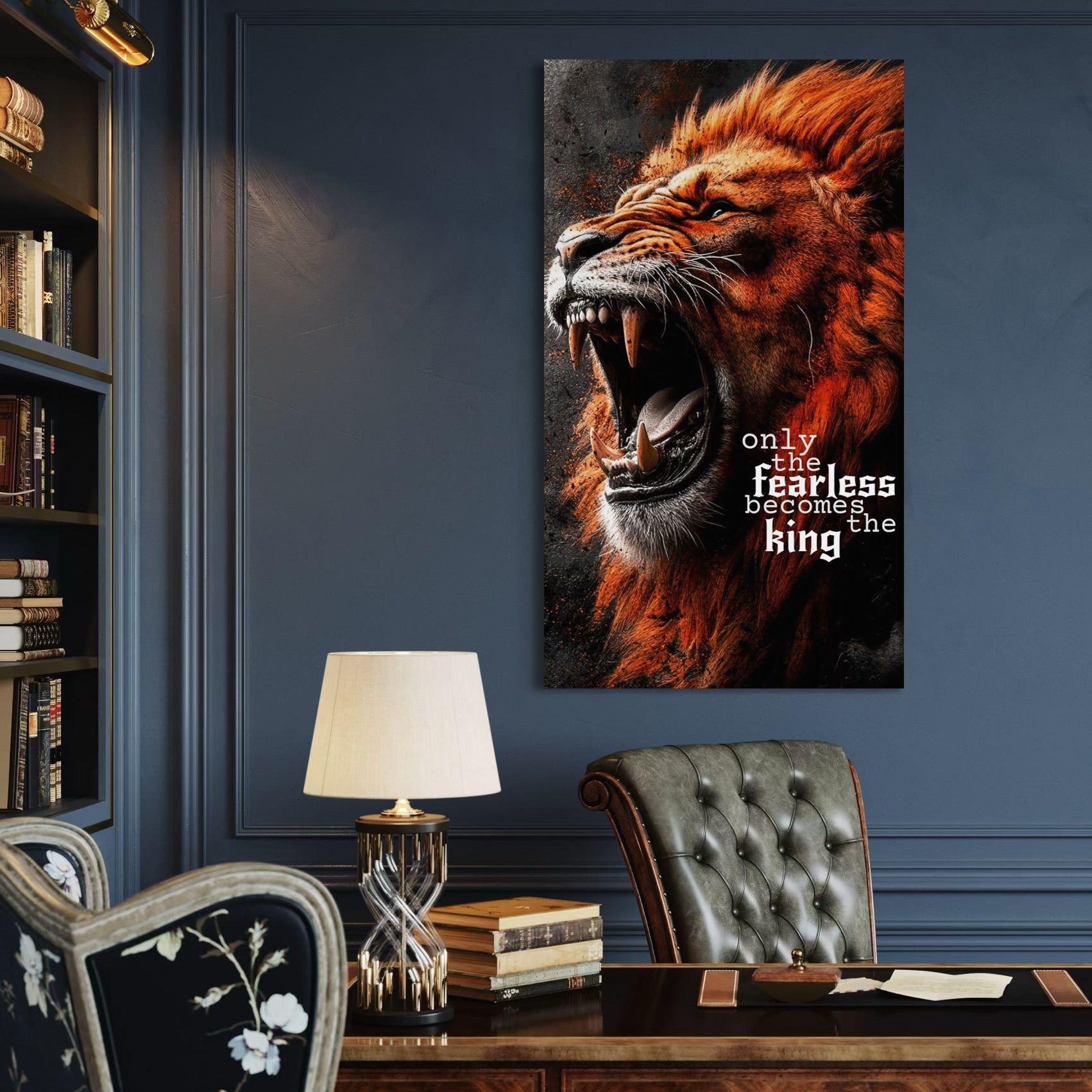 Tablou Canvas Premium, LuxCanva® Q1004, Regele Fara Frica, Putere, Dominant, Suprematie, Autoritate, Leu, Rege, Coroana, Coama, Feroce, Stapan, Voce, Raget, Conducator, Birou, Dormitor