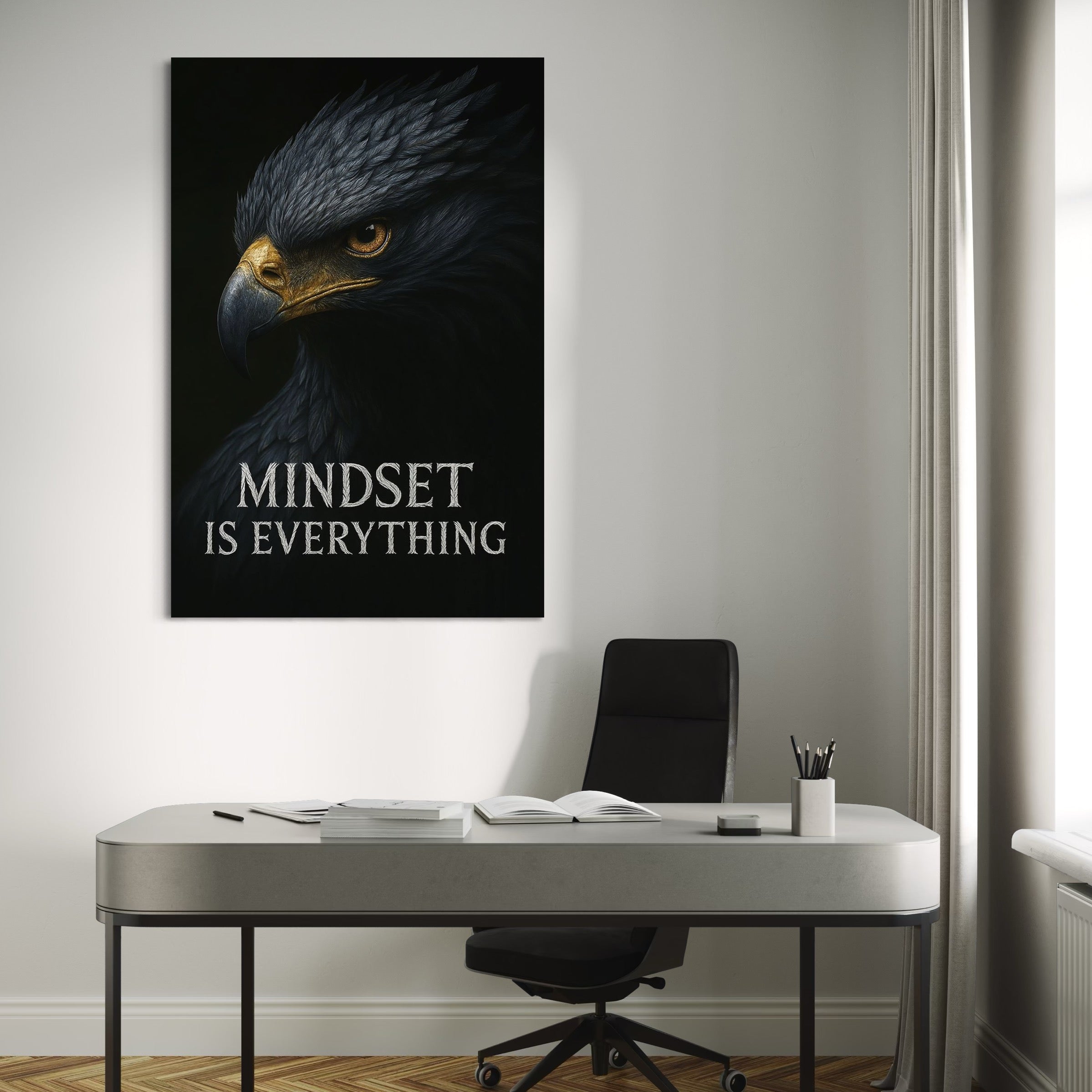 Tablou Canvas Premium, LuxCanva® Q1007, Puterea Gandului, Mentalitate, Vultur, Claritate, Gand, Lider, Succes, Libertate, Inteligenta, Privire, Pene, Antreprenoriat, Pasare, Padure, Birou, Dormitor