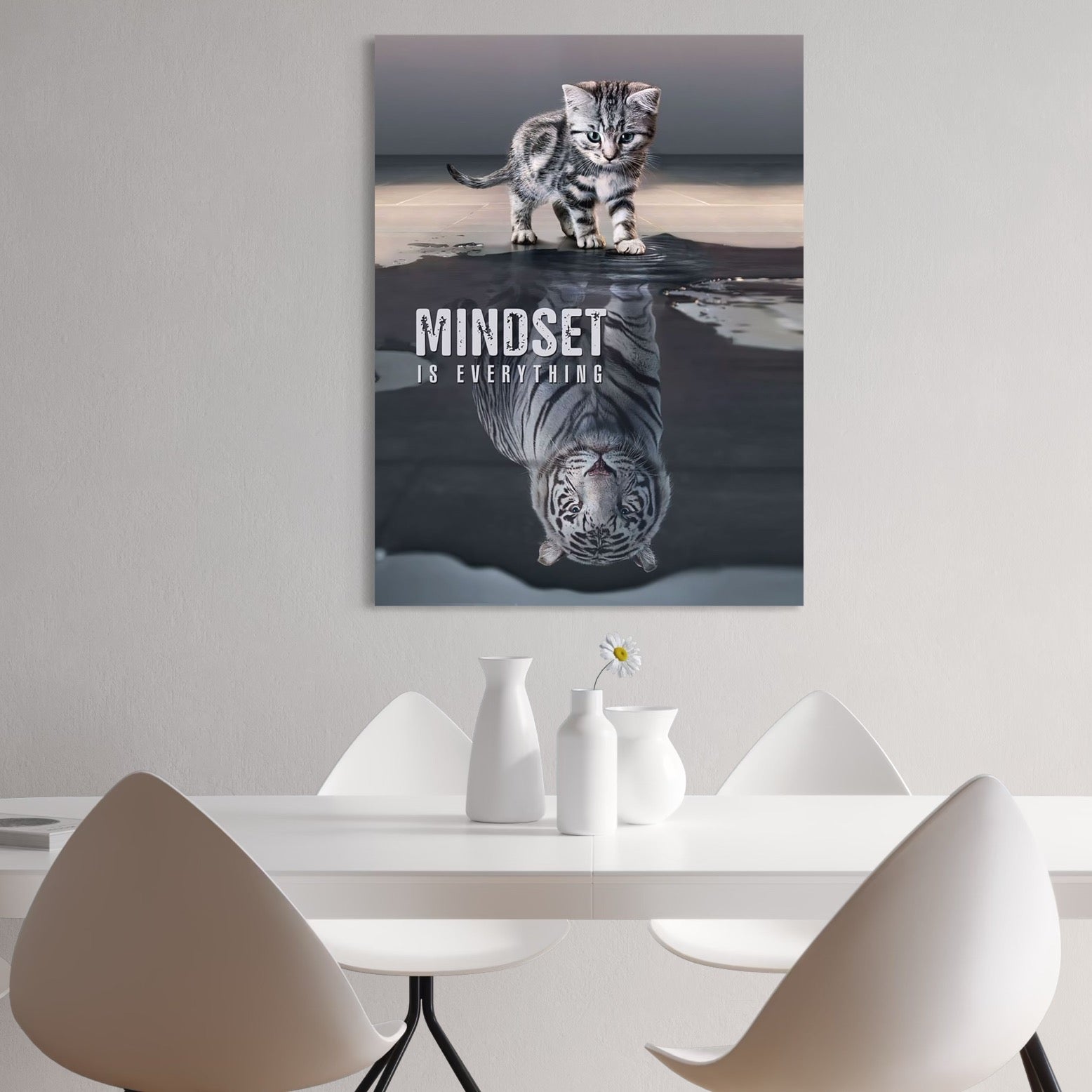 Tablou Canvas Premium, LuxCanva® Q1008, In Oglinda Mintii, Pisoi, Tigru, Reflectie, Oglinda, Crestere, Curaj, Devenire, Identitate, Pui, Apa, Privire, Psihologie, Simbolic, Felina, Birou, Dormitor