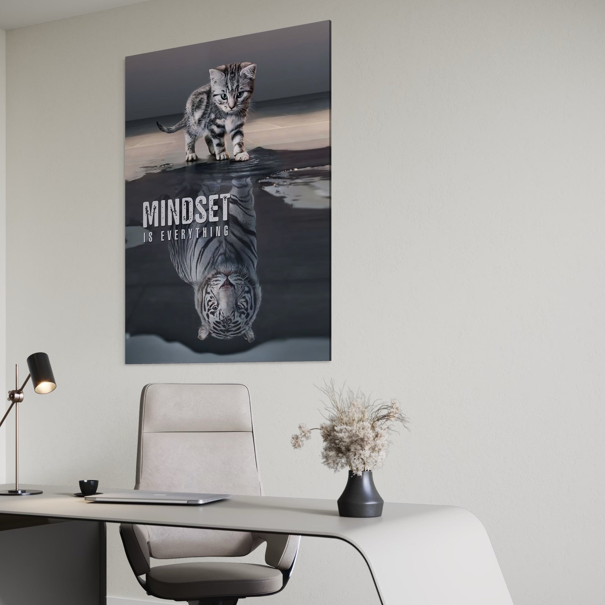 Tablou Canvas Premium, LuxCanva® Q1008, In Oglinda Mintii, Pisoi, Tigru, Reflectie, Oglinda, Crestere, Curaj, Devenire, Identitate, Pui, Apa, Privire, Psihologie, Simbolic, Felina, Birou, Dormitor