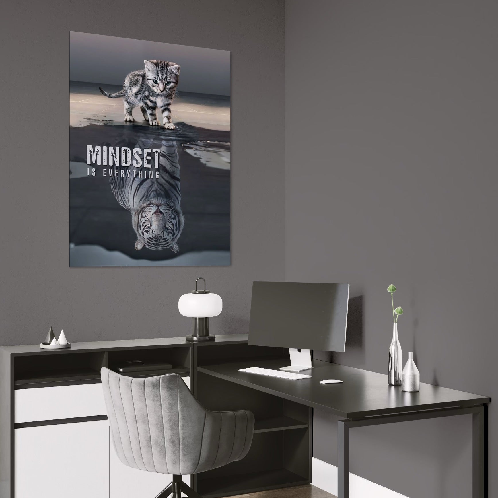 Tablou Canvas Premium, LuxCanva® Q1008, In Oglinda Mintii, Pisoi, Tigru, Reflectie, Oglinda, Crestere, Curaj, Devenire, Identitate, Pui, Apa, Privire, Psihologie, Simbolic, Felina, Birou, Dormitor