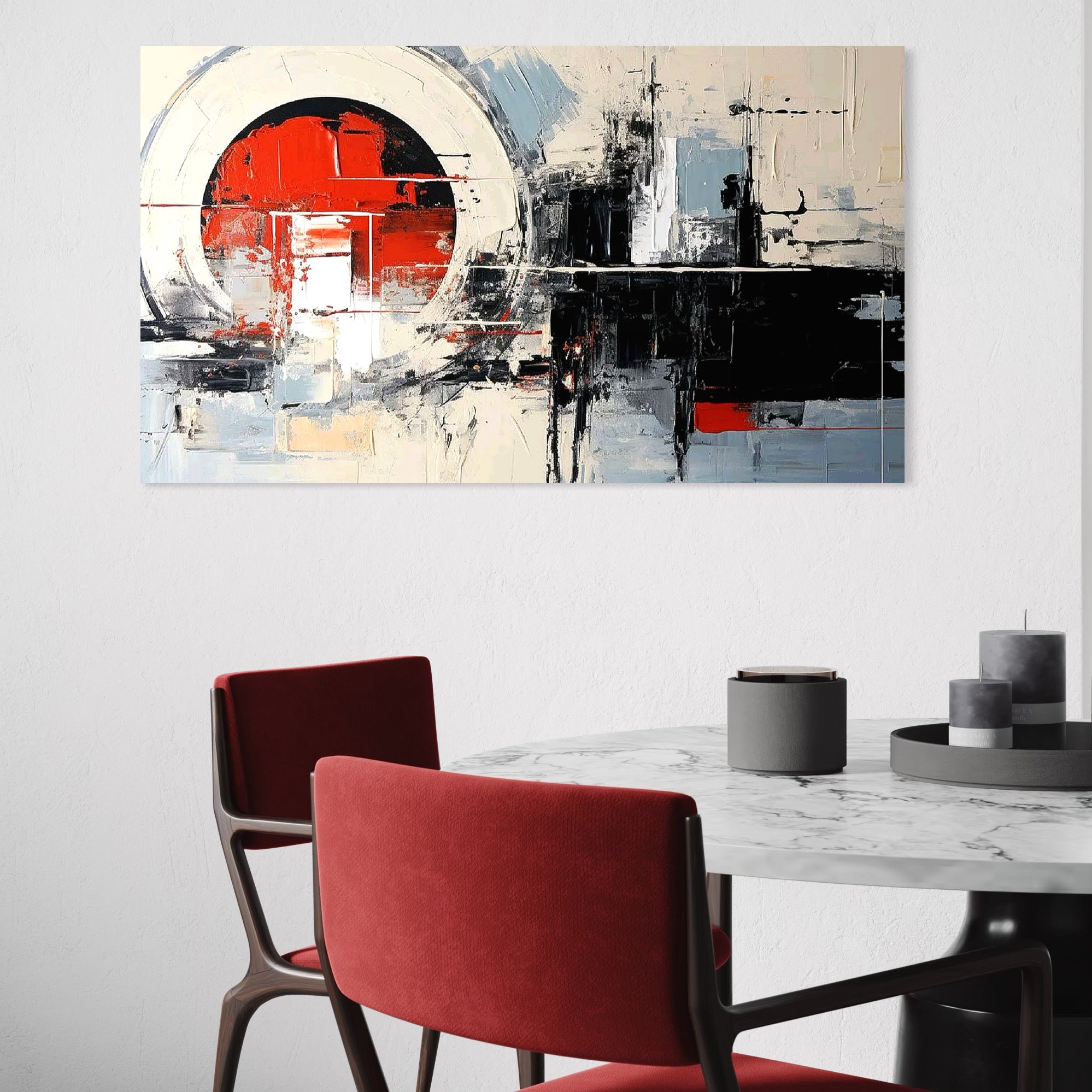 Tablou Canvas Premium, LuxCanva® C1270, Nucleu rosu, Geometrie, Culori, Impact, Structuri, Tensiune, Intersectie, Arhitectura, Liniste, Haos, Fragmente, Colorat, Birou, Living, Dormitor