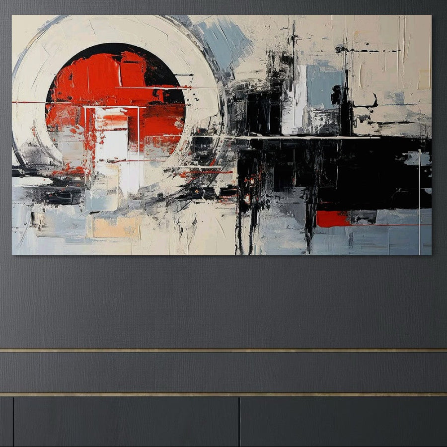 Tablou Canvas Premium LuxCanva® C1270, Nucleu rosu, Geometrie, cu impact vizual: un cerc roșu îndrăzneț și arc alb pe fundal de brushstroke în tonuri alb-negru. Ideal pentru birou, living sau dormitor - print calitate premium.