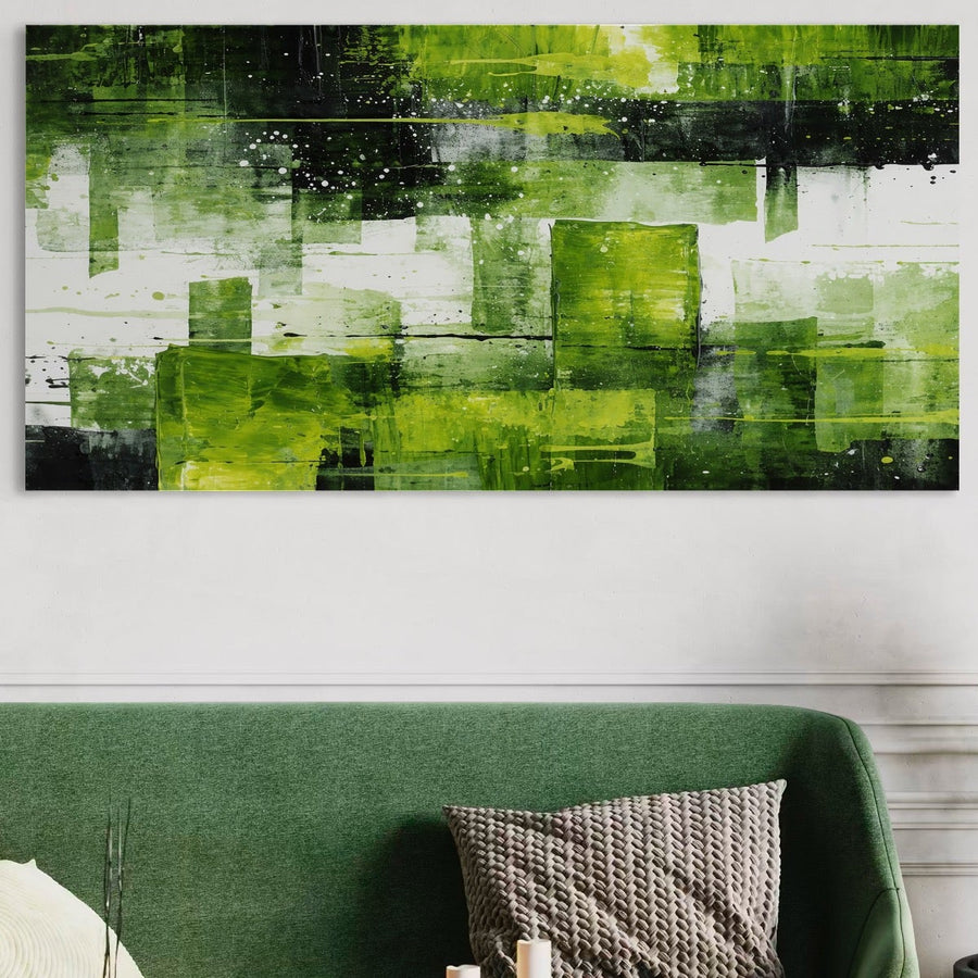 Tablou Canvas Premium LuxCanva® C1273, Puls vegetal - pictură abstractă cu straturi verzi și texturi geometrice, realizată pe pânză bumbac. Adaugă prospețime și rafinament oricărui spațiu: living, birou sau dormitor.