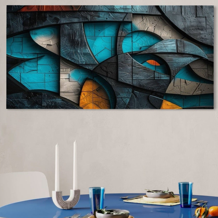 Tablou Canvas Premium LuxCanva® C1274 "Spatiul dintre ganduri," cu forma abstracte albastre și turcoaz, aduce profunzime și stil modern în birou, living sau dormitor, ideal pentru un decor industrial și arhitectural.