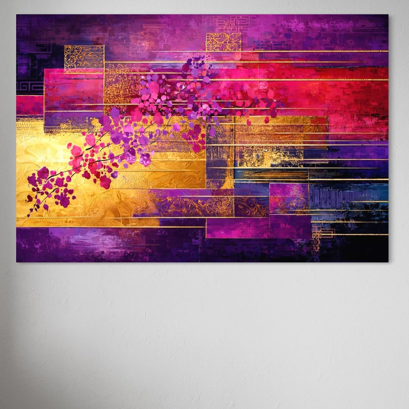 Leinwand Premium Canvas Wall Art, LuxCanva® C1275, Garten zwischen den Linien, Geometrie, Lila, Rosa, Abstrakt, Abstrakt, Magenta, Linien, Textur, Harmonie, Geheimnis, Licht, Eleganz, Lila, Gold, Büro, Wohnzimmer, Schlafzimmer