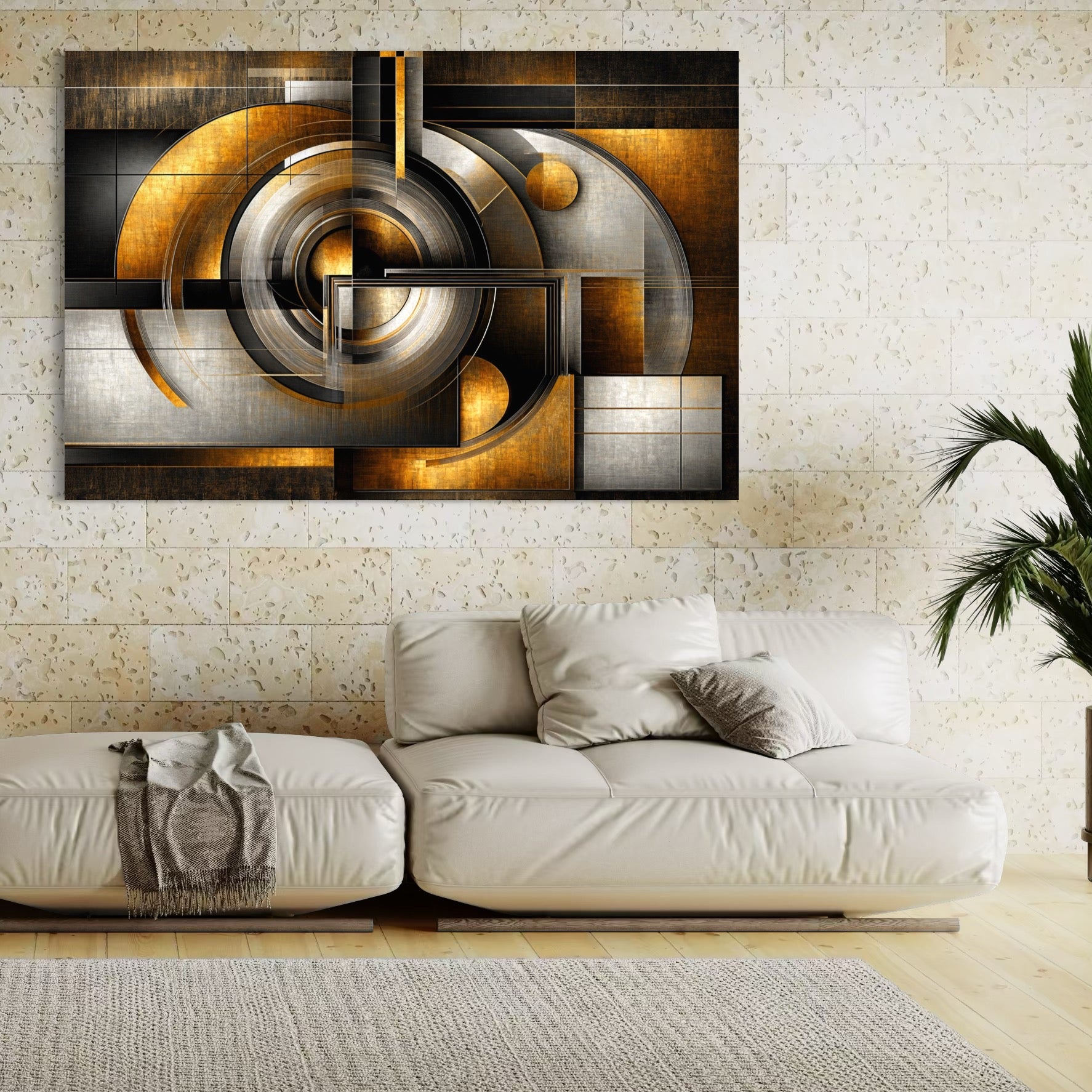 Tablou Canvas Premium, LuxCanva® C1276, Forme care gandesc, Geometrie, Auriu, Abstract, Linii, Textura, Monumental, Gravitatie, Univers, Soare, Sacru, Modern, Expozitie, Birou, Living, Dormitor