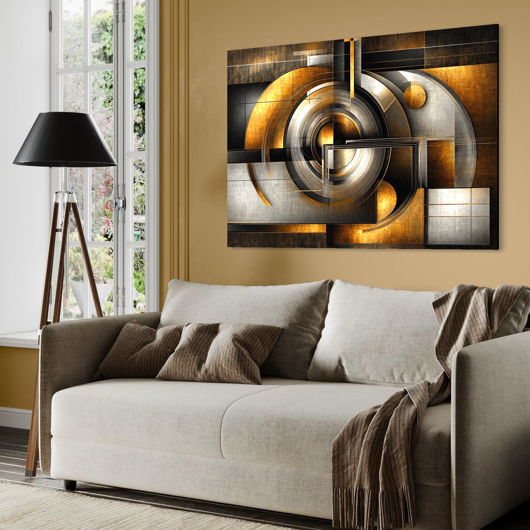 Tablou Canvas Premium, LuxCanva® C1276, Forme care gandesc, Geometrie, Auriu, Abstract, Linii, Textura, Monumental, Gravitatie, Univers, Soare, Sacru, Modern, Expozitie, Birou, Living, Dormitor