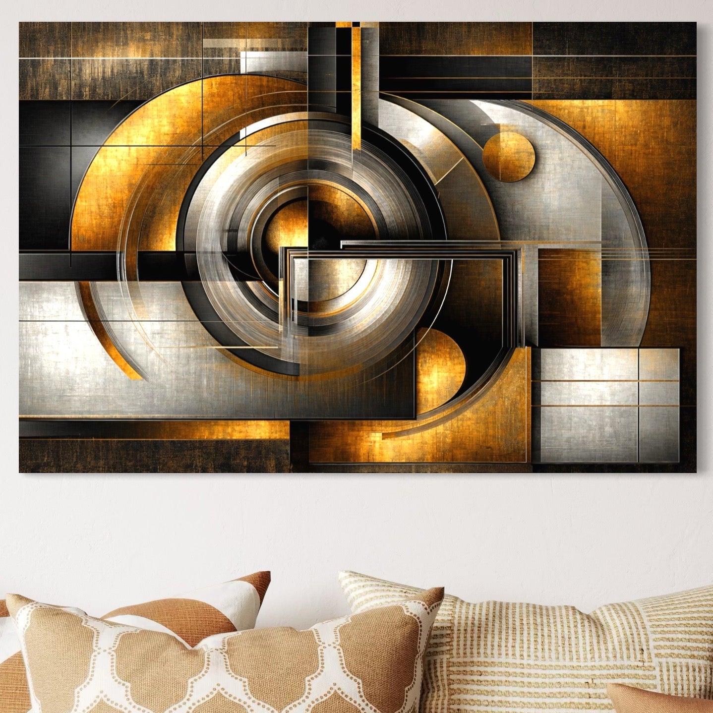 Tablou Canvas Premium, LuxCanva® C1276, Forme care gandesc, Geometrie, Auriu, Abstract, Linii, Textura, Monumental, Gravitatie, Univers, Soare, Sacru, Modern, Expozitie, Birou, Living, Dormitor