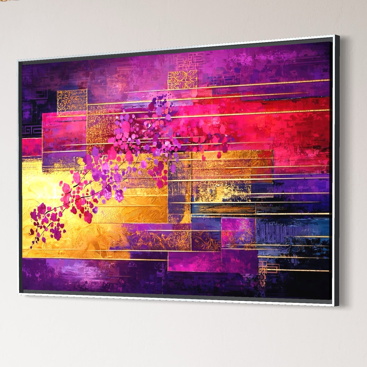 Leinwand Premium Canvas Wall Art, LuxCanva® C1275, Garten zwischen den Linien, Geometrie, Lila, Rosa, Abstrakt, Abstrakt, Magenta, Linien, Textur, Harmonie, Geheimnis, Licht, Eleganz, Lila, Gold, Büro, Wohnzimmer, Schlafzimmer