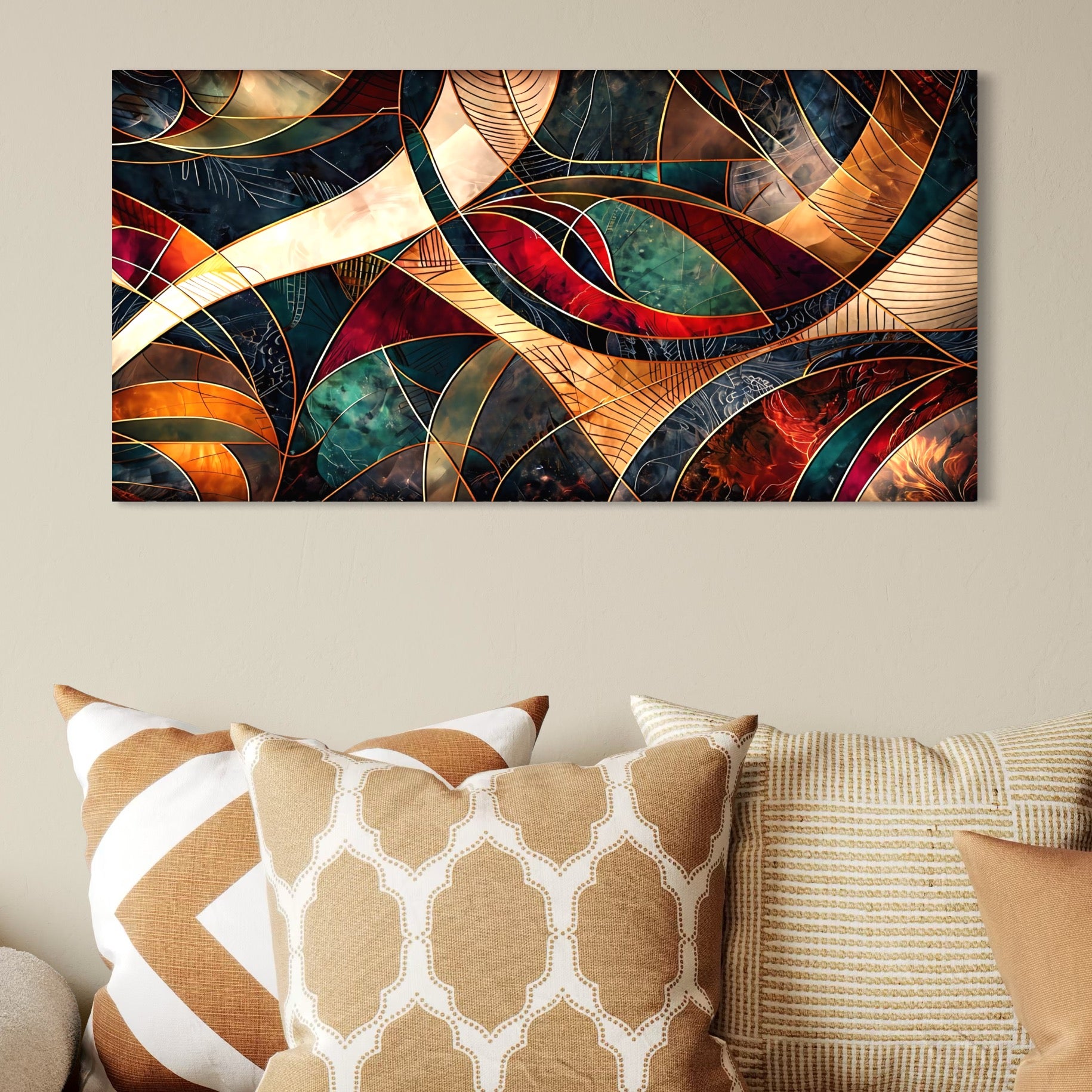 Leinwand Premium Canvas Wall Art, LuxCanva® C1277, Zwischen den Rippen des Feuers, Geometrie, Gold, Rot, Abstrakt, Abstrakt, Linien, Tiefe, Symmetrie, Kreisförmig, Raum, Form, Tempel, Ausstellung, Büro, Wohnzimmer, Schlafzimmer