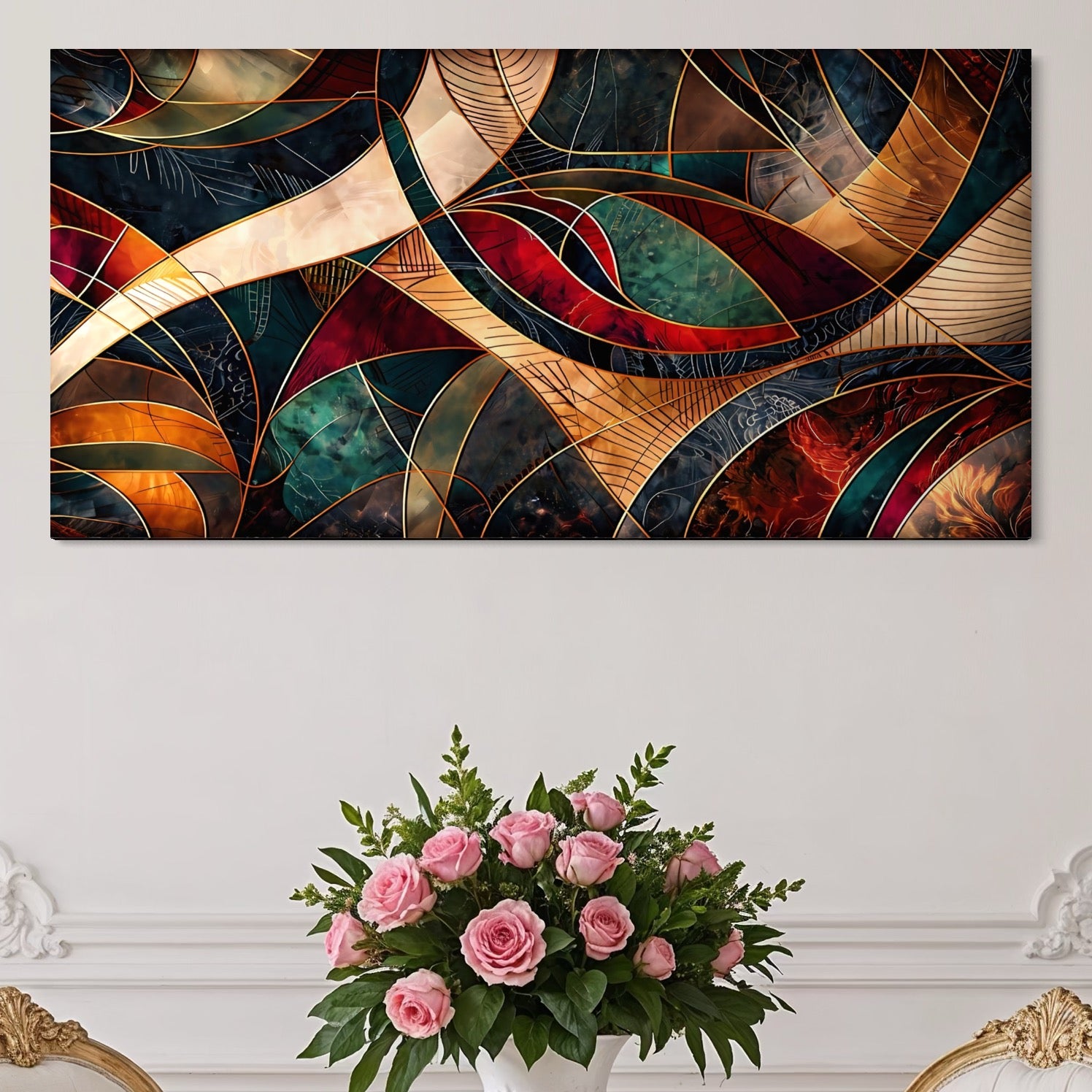 Leinwand Premium Canvas Wall Art, LuxCanva® C1277, Zwischen den Rippen des Feuers, Geometrie, Gold, Rot, Abstrakt, Abstrakt, Linien, Tiefe, Symmetrie, Kreisförmig, Raum, Form, Tempel, Ausstellung, Büro, Wohnzimmer, Schlafzimmer