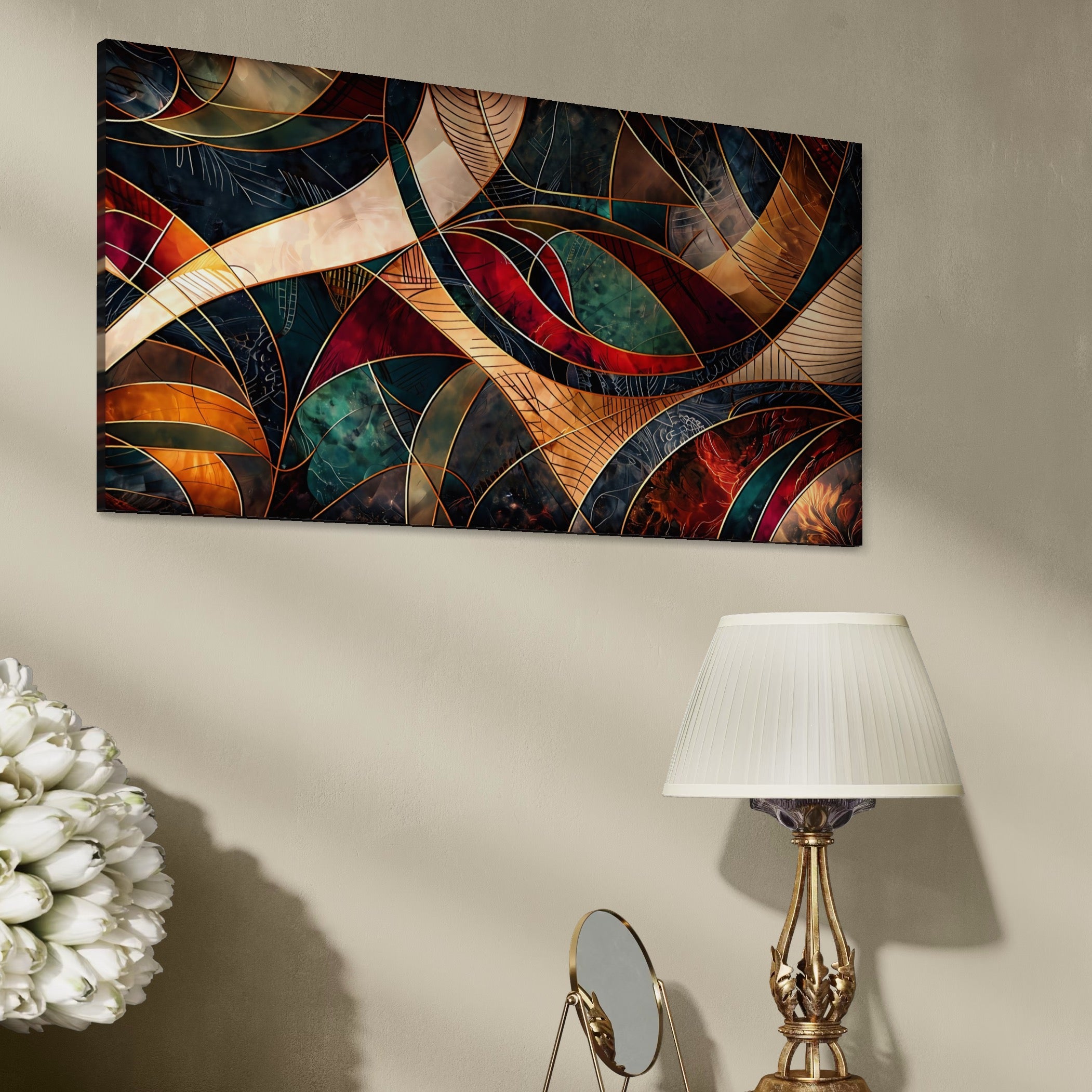 Leinwand Premium Canvas Wall Art, LuxCanva® C1277, Zwischen den Rippen des Feuers, Geometrie, Gold, Rot, Abstrakt, Abstrakt, Linien, Tiefe, Symmetrie, Kreisförmig, Raum, Form, Tempel, Ausstellung, Büro, Wohnzimmer, Schlafzimmer