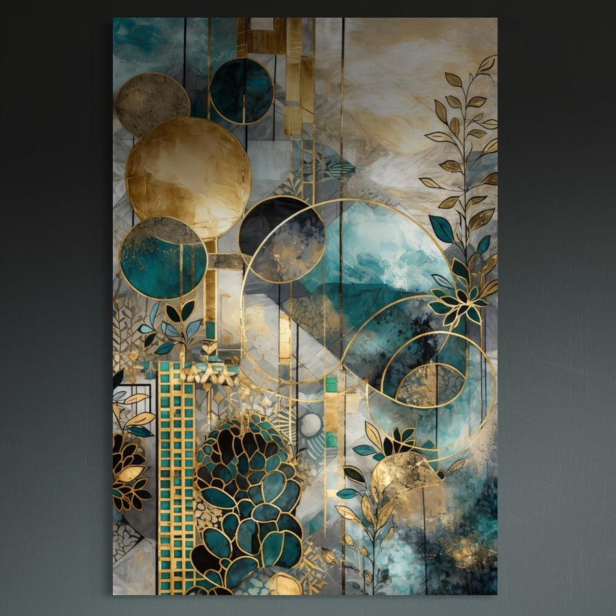 Tablou Canvas Premium LuxCanva® C1278 "Armonii vegetale" prezintă formă geometrică aurii și accente organice pe pânză bumbac. Ideal pentru birou, living sau dormitor, adaugă calm și armonie oricărui spațiu. Disponibil la LuxCanva®.