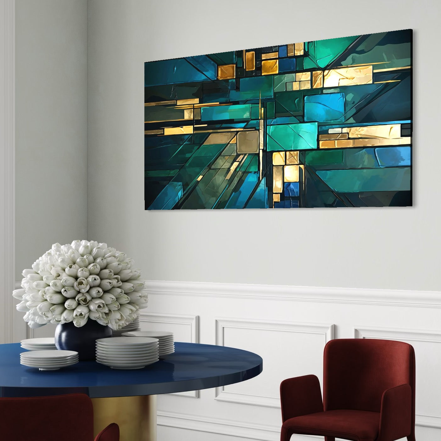 Canvas Wall Art Premium, LuxCanva® C1282, Zwischen Licht und Tiefe, Geometrie, Farben, Abstrakt, Abstrakt, Kartographie, Blau, Ozean, Smaragd, Grün, Raum, Gebäude, Ausstellung, Büro, Wohnzimmer, Schlafzimmer