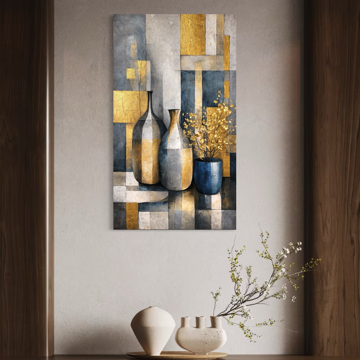 Tablou Canvas Premium, LuxCanva® C1284, Obiecte care asculta, Geometrie, Culori, Abstract, Foita, Auriu, Sofisticat, Obiecte, Forma, Ceramica, Natura, Statica, Expozitie, Birou, Living, Dormitor