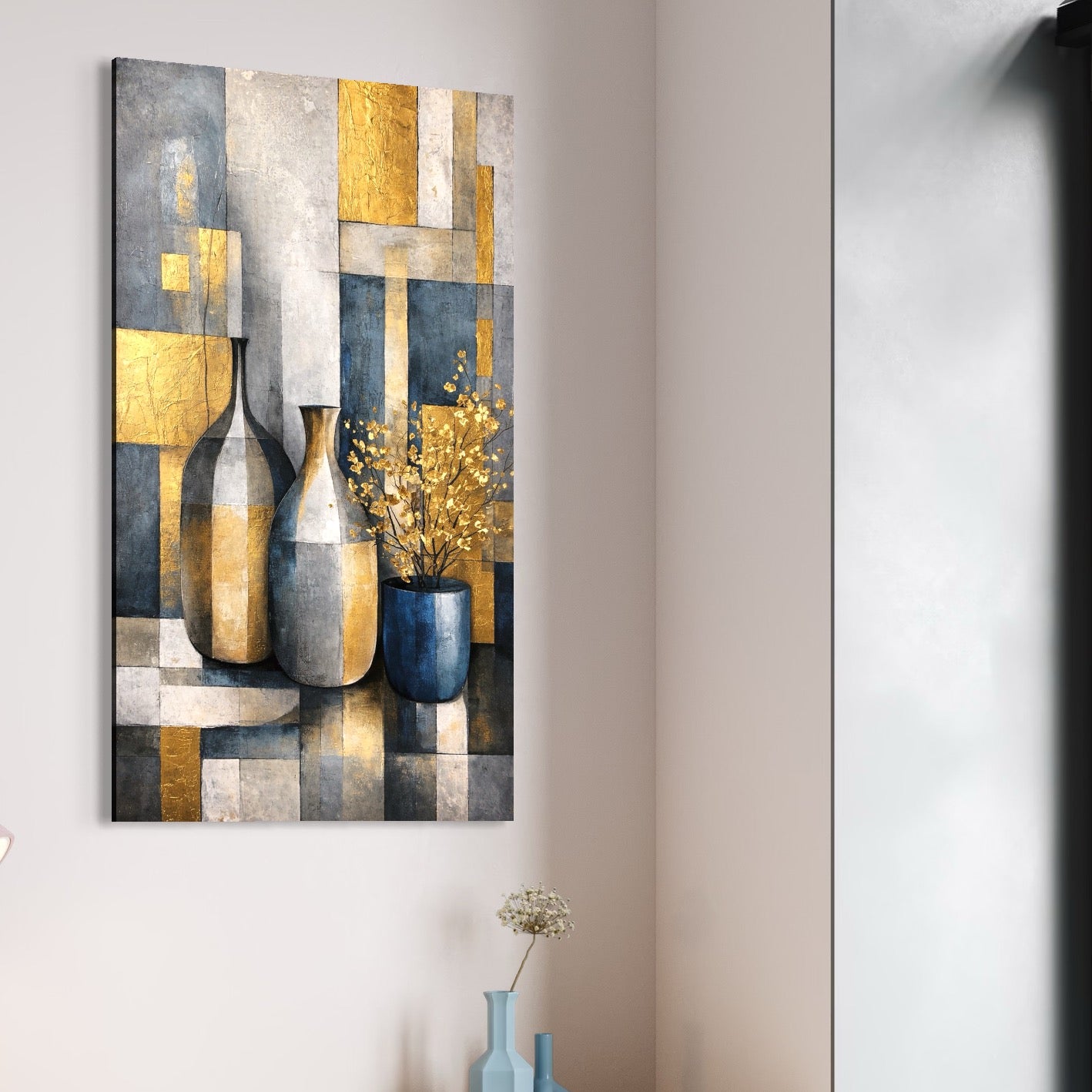 Tablou Canvas Premium, LuxCanva® C1284, Obiecte care asculta, Geometrie, Culori, Abstract, Foita, Auriu, Sofisticat, Obiecte, Forma, Ceramica, Natura, Statica, Expozitie, Birou, Living, Dormitor