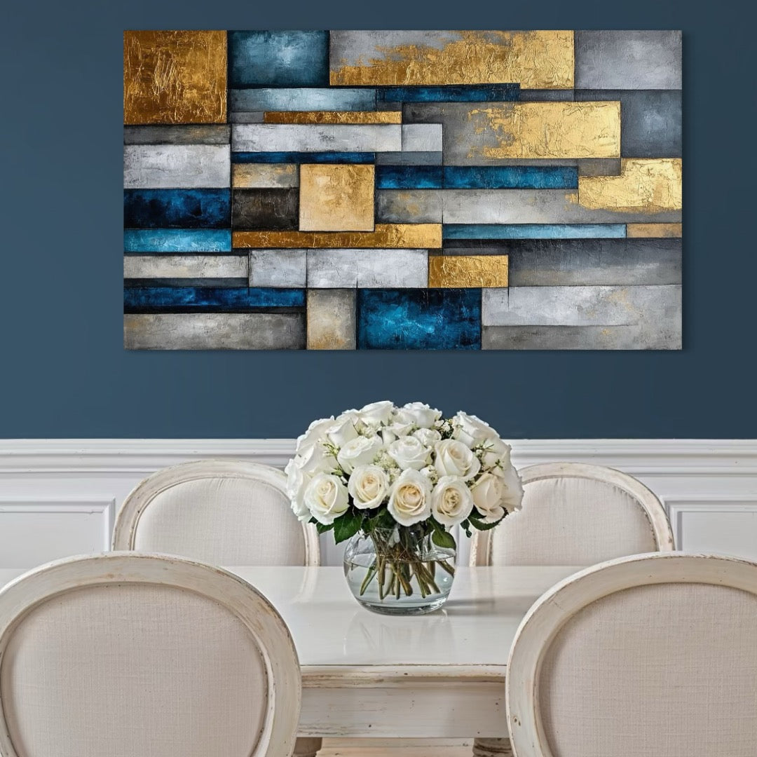 Leinwand Premium Canvas Wall Art, LuxCanva® C1285, Gold Through the Walls, Geometrie, Farben, Abstrakt, Abstrakt, Gold, Blau, Linien, Schichten, Schichten, Konstruktion, Tiefe, Minimalistisch, Modernismus, Büro, Wohnzimmer, Schlafzimmer