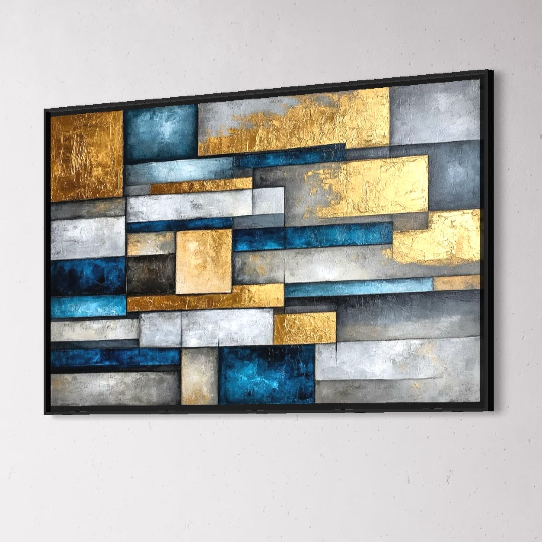 Leinwand Premium Canvas Wall Art, LuxCanva® C1285, Gold Through the Walls, Geometrie, Farben, Abstrakt, Abstrakt, Gold, Blau, Linien, Schichten, Schichten, Konstruktion, Tiefe, Minimalistisch, Modernismus, Büro, Wohnzimmer, Schlafzimmer