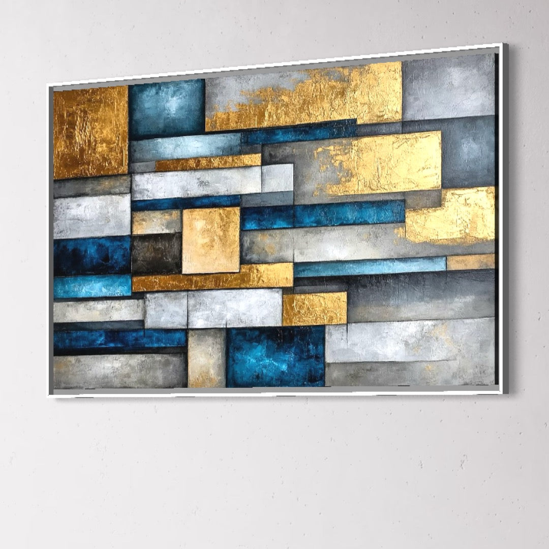 Leinwand Premium Canvas Wall Art, LuxCanva® C1285, Gold Through the Walls, Geometrie, Farben, Abstrakt, Abstrakt, Gold, Blau, Linien, Schichten, Schichten, Konstruktion, Tiefe, Minimalistisch, Modernismus, Büro, Wohnzimmer, Schlafzimmer