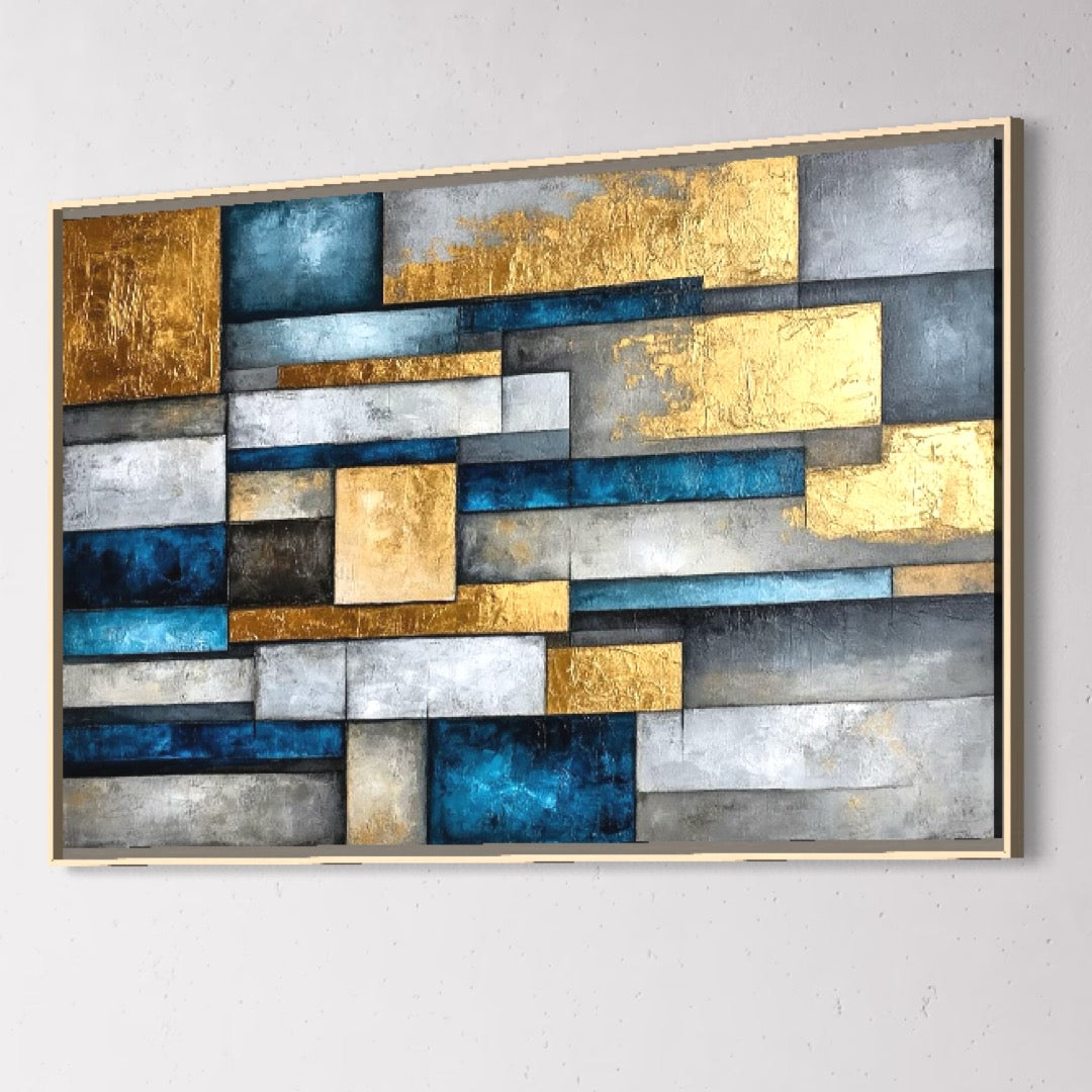 Leinwand Premium Canvas Wall Art, LuxCanva® C1285, Gold Through the Walls, Geometrie, Farben, Abstrakt, Abstrakt, Gold, Blau, Linien, Schichten, Schichten, Konstruktion, Tiefe, Minimalistisch, Modernismus, Büro, Wohnzimmer, Schlafzimmer