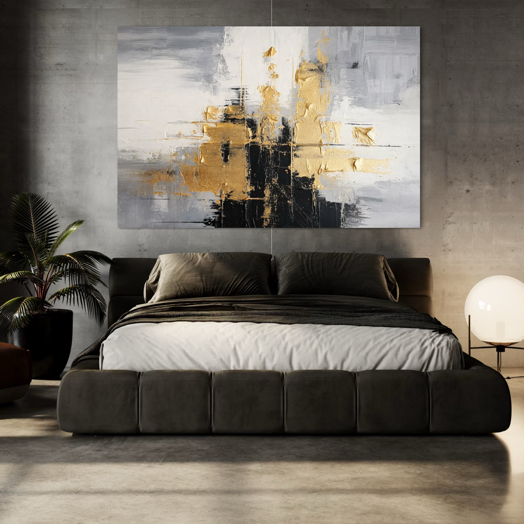 Leinwand Premium Canvas Wall Art, LuxCanva® C1292, Das Gold, das die Welt hält, Geometrie, Farben, Abstrakt, Gold, Grau, Schwarz, Linien, Schichten, Architektur, Achse, Gebet, Sakral, Dekoration, Büro, Wohnzimmer, Schlafzimmer