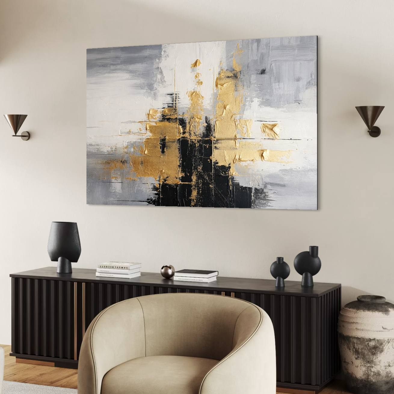 Leinwand Premium Canvas Wall Art, LuxCanva® C1292, Das Gold, das die Welt hält, Geometrie, Farben, Abstrakt, Gold, Grau, Schwarz, Linien, Schichten, Architektur, Achse, Gebet, Sakral, Dekoration, Büro, Wohnzimmer, Schlafzimmer