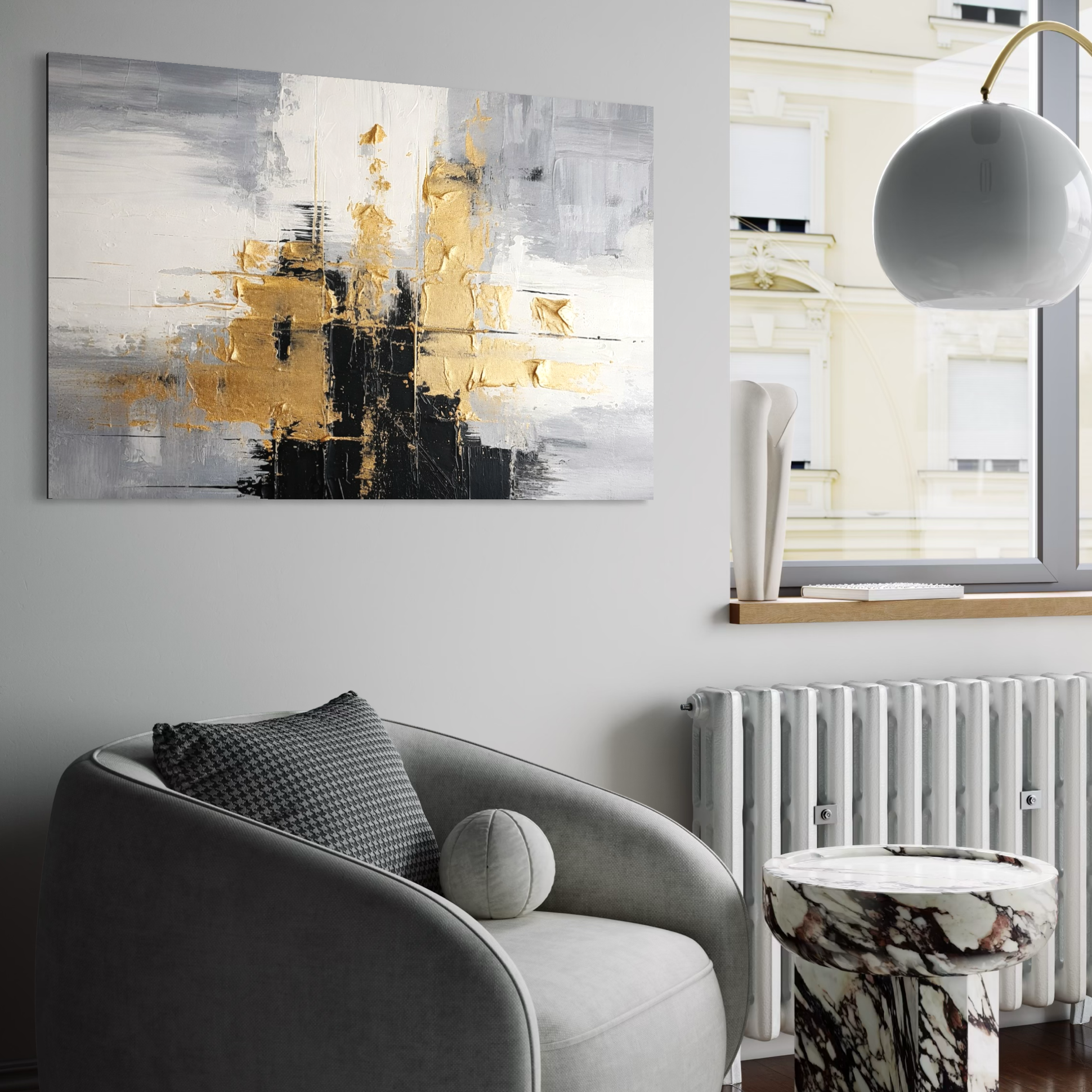 Leinwand Premium Canvas Wall Art, LuxCanva® C1292, Das Gold, das die Welt hält, Geometrie, Farben, Abstrakt, Gold, Grau, Schwarz, Linien, Schichten, Architektur, Achse, Gebet, Sakral, Dekoration, Büro, Wohnzimmer, Schlafzimmer