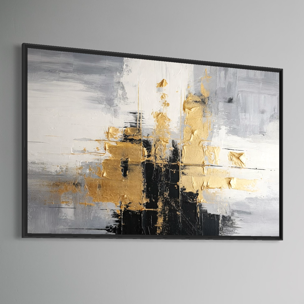 Leinwand Premium Canvas Wall Art, LuxCanva® C1292, Das Gold, das die Welt hält, Geometrie, Farben, Abstrakt, Gold, Grau, Schwarz, Linien, Schichten, Architektur, Achse, Gebet, Sakral, Dekoration, Büro, Wohnzimmer, Schlafzimmer