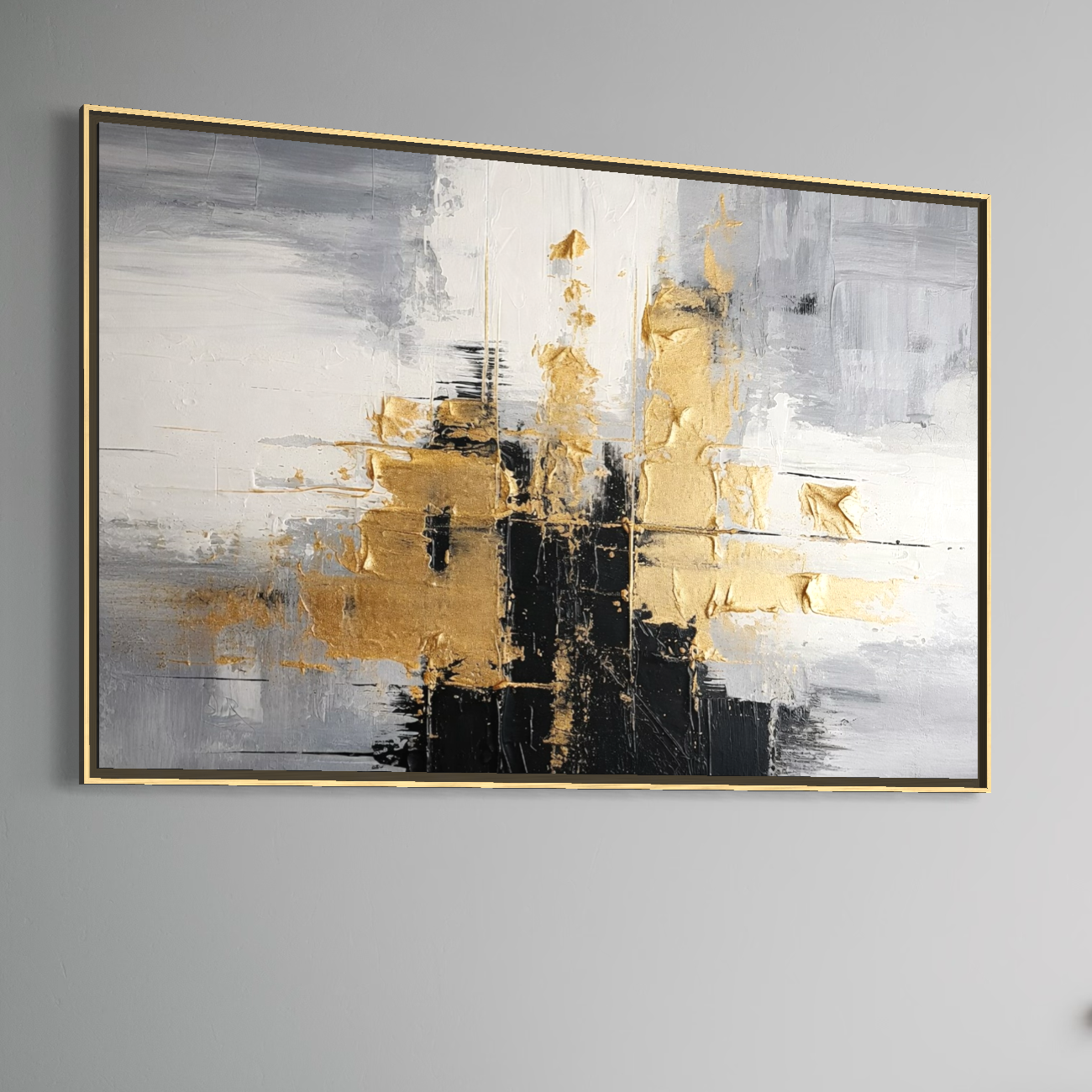 Leinwand Premium Canvas Wall Art, LuxCanva® C1292, Das Gold, das die Welt hält, Geometrie, Farben, Abstrakt, Gold, Grau, Schwarz, Linien, Schichten, Architektur, Achse, Gebet, Sakral, Dekoration, Büro, Wohnzimmer, Schlafzimmer
