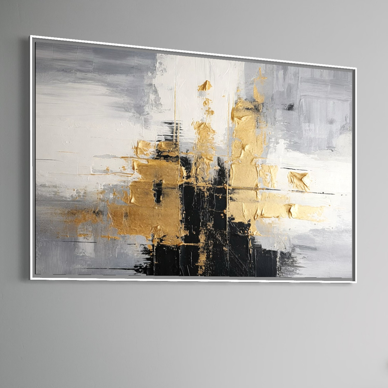 Leinwand Premium Canvas Wall Art, LuxCanva® C1292, Das Gold, das die Welt hält, Geometrie, Farben, Abstrakt, Gold, Grau, Schwarz, Linien, Schichten, Architektur, Achse, Gebet, Sakral, Dekoration, Büro, Wohnzimmer, Schlafzimmer