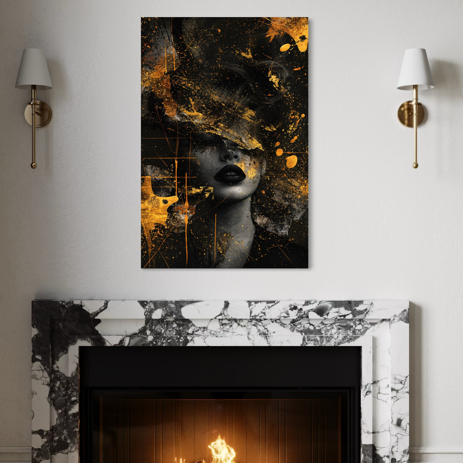 Tablou Canvas Premium, LuxCanva® C1294, Femeia ca mister, Abstract, Portret, Aur, Negru, Femeie, Dramatism, Tacere, Chip, Frumusete, Respiratie, Nocturn, Diva, Podium, Birou, Living, Dormitor