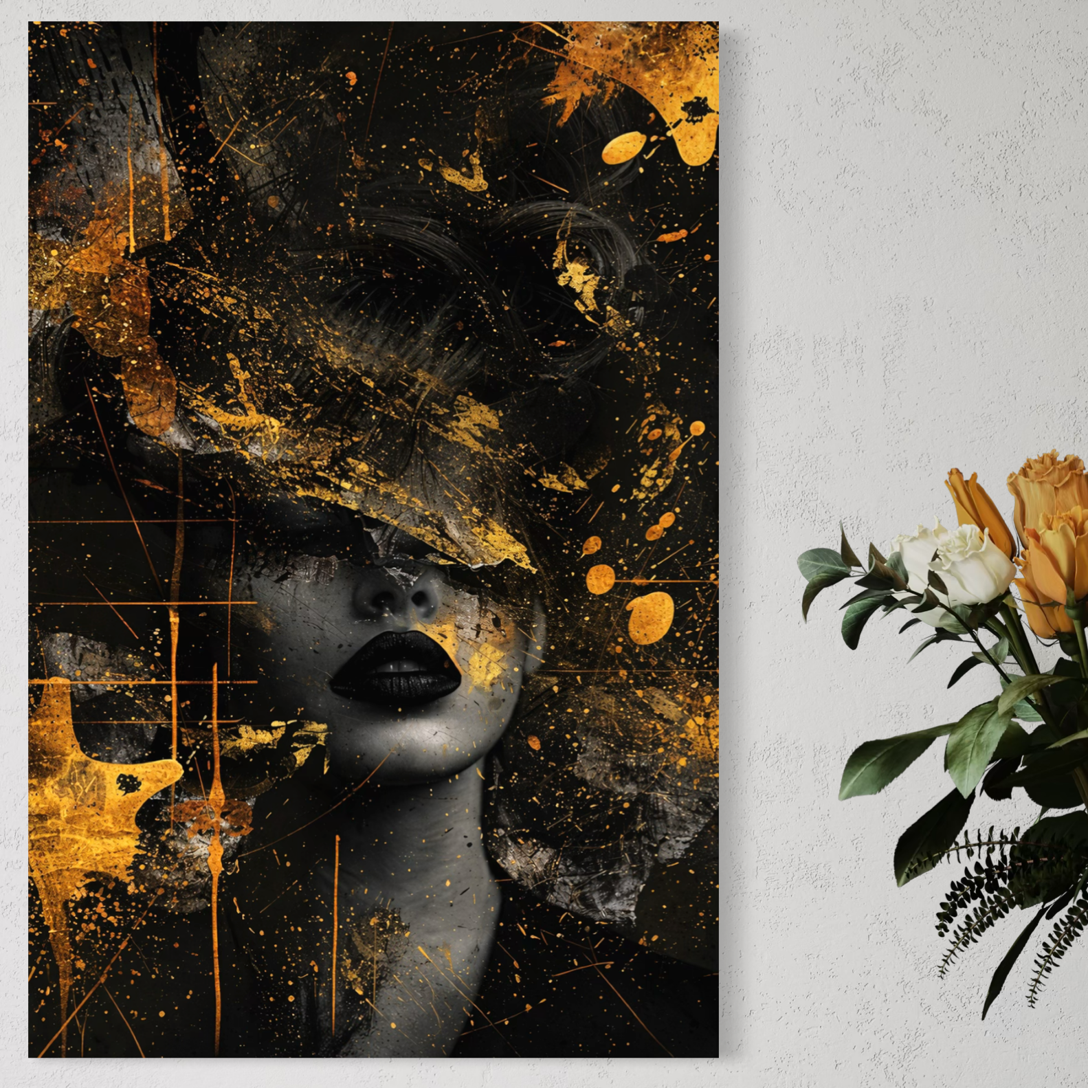 Tablou Canvas Premium, LuxCanva® C1294, Femeia ca mister, Abstract, Portret, Aur, Negru, Femeie, Dramatism, Tacere, Chip, Frumusete, Respiratie, Nocturn, Diva, Podium, Birou, Living, Dormitor