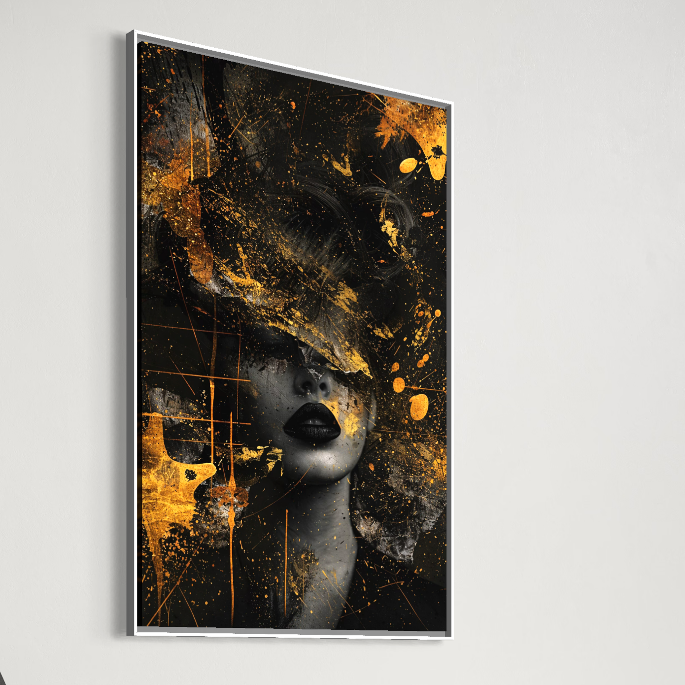 Tablou Canvas Premium, LuxCanva® C1294, Femeia ca mister, Abstract, Portret, Aur, Negru, Femeie, Dramatism, Tacere, Chip, Frumusete, Respiratie, Nocturn, Diva, Podium, Birou, Living, Dormitor