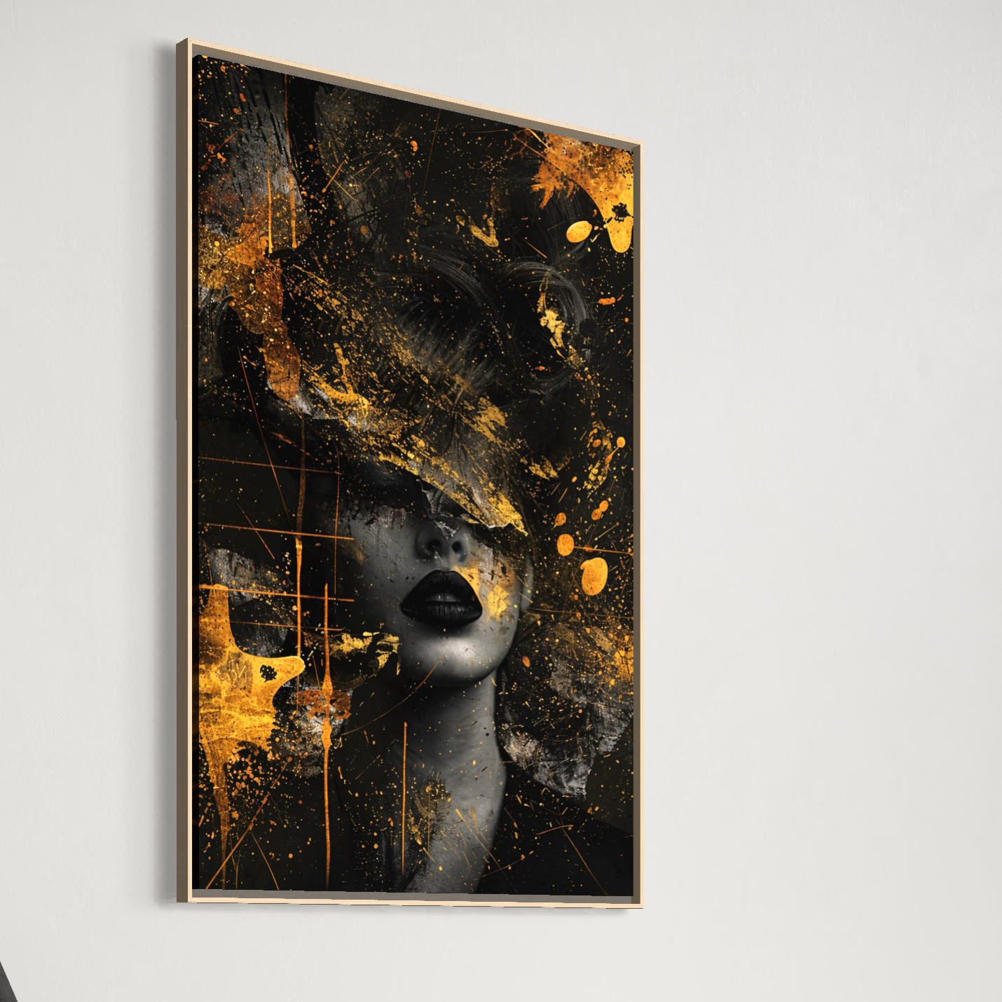 Tablou Canvas Premium, LuxCanva® C1294, Femeia ca mister, Abstract, Portret, Aur, Negru, Femeie, Dramatism, Tacere, Chip, Frumusete, Respiratie, Nocturn, Diva, Podium, Birou, Living, Dormitor