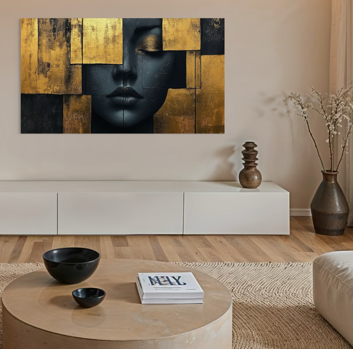 Leinwand Premium Canvas Wandkunst, LuxCanva® C1295, Frau als Tempel, Abstrakt, Porträt, Gold, Schwarz, Frau, Stille, Stille, Fliesen, Geometrie, Gesicht, Ruhe, Augen, Seele, Raffiniert, Büro, Wohnzimmer, Schlafzimmer