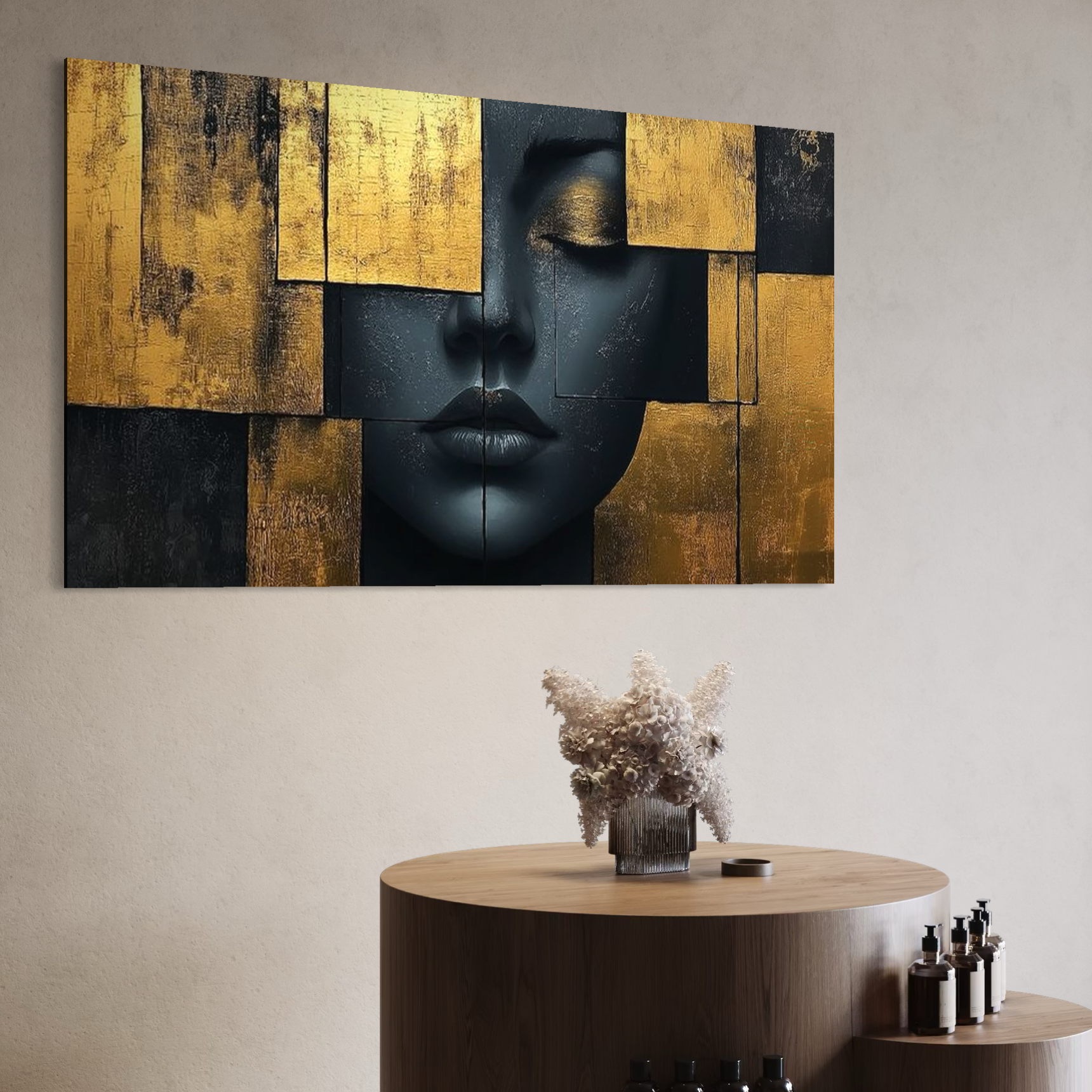 Leinwand Premium Canvas Wandkunst, LuxCanva® C1295, Frau als Tempel, Abstrakt, Porträt, Gold, Schwarz, Frau, Stille, Stille, Fliesen, Geometrie, Gesicht, Ruhe, Augen, Seele, Raffiniert, Büro, Wohnzimmer, Schlafzimmer