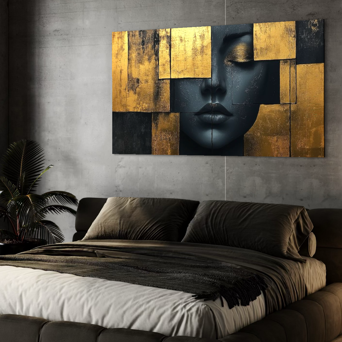 Leinwand Premium Canvas Wandkunst, LuxCanva® C1295, Frau als Tempel, Abstrakt, Porträt, Gold, Schwarz, Frau, Stille, Stille, Fliesen, Geometrie, Gesicht, Ruhe, Augen, Seele, Raffiniert, Büro, Wohnzimmer, Schlafzimmer