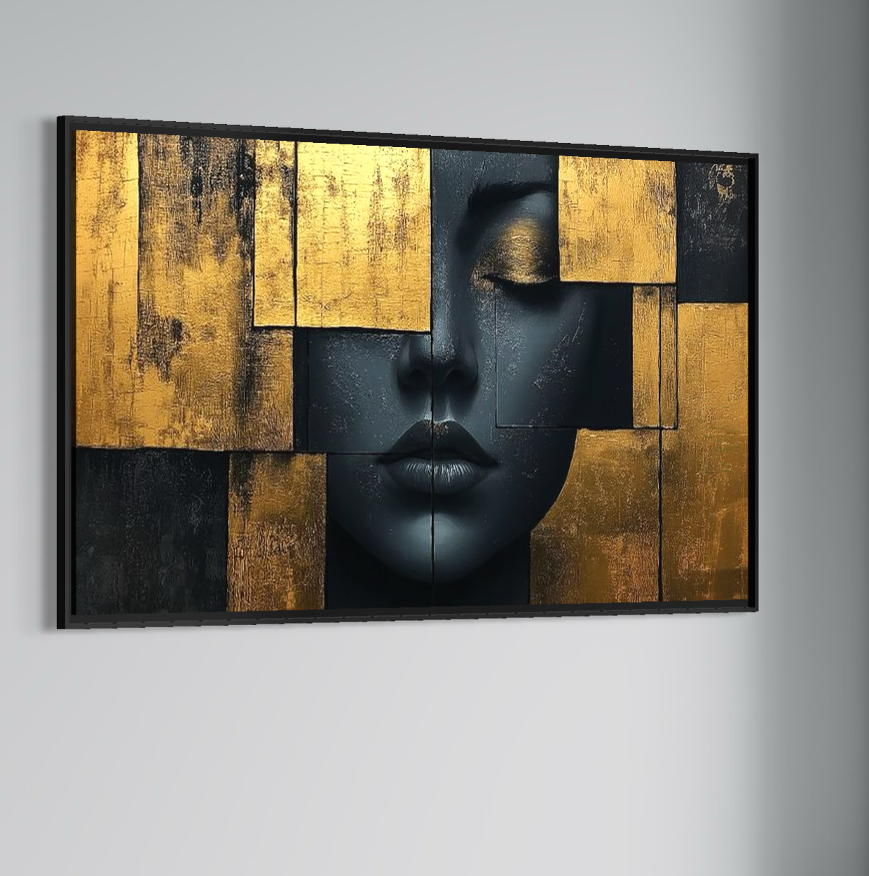 Leinwand Premium Canvas Wandkunst, LuxCanva® C1295, Frau als Tempel, Abstrakt, Porträt, Gold, Schwarz, Frau, Stille, Stille, Fliesen, Geometrie, Gesicht, Ruhe, Augen, Seele, Raffiniert, Büro, Wohnzimmer, Schlafzimmer