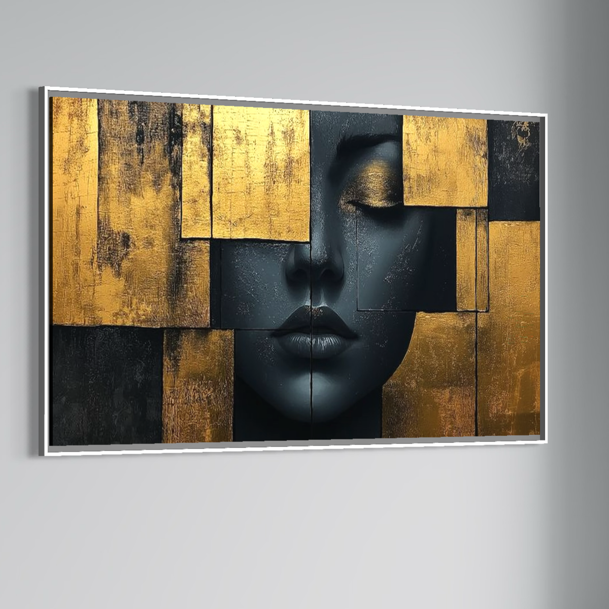 Leinwand Premium Canvas Wandkunst, LuxCanva® C1295, Frau als Tempel, Abstrakt, Porträt, Gold, Schwarz, Frau, Stille, Stille, Fliesen, Geometrie, Gesicht, Ruhe, Augen, Seele, Raffiniert, Büro, Wohnzimmer, Schlafzimmer