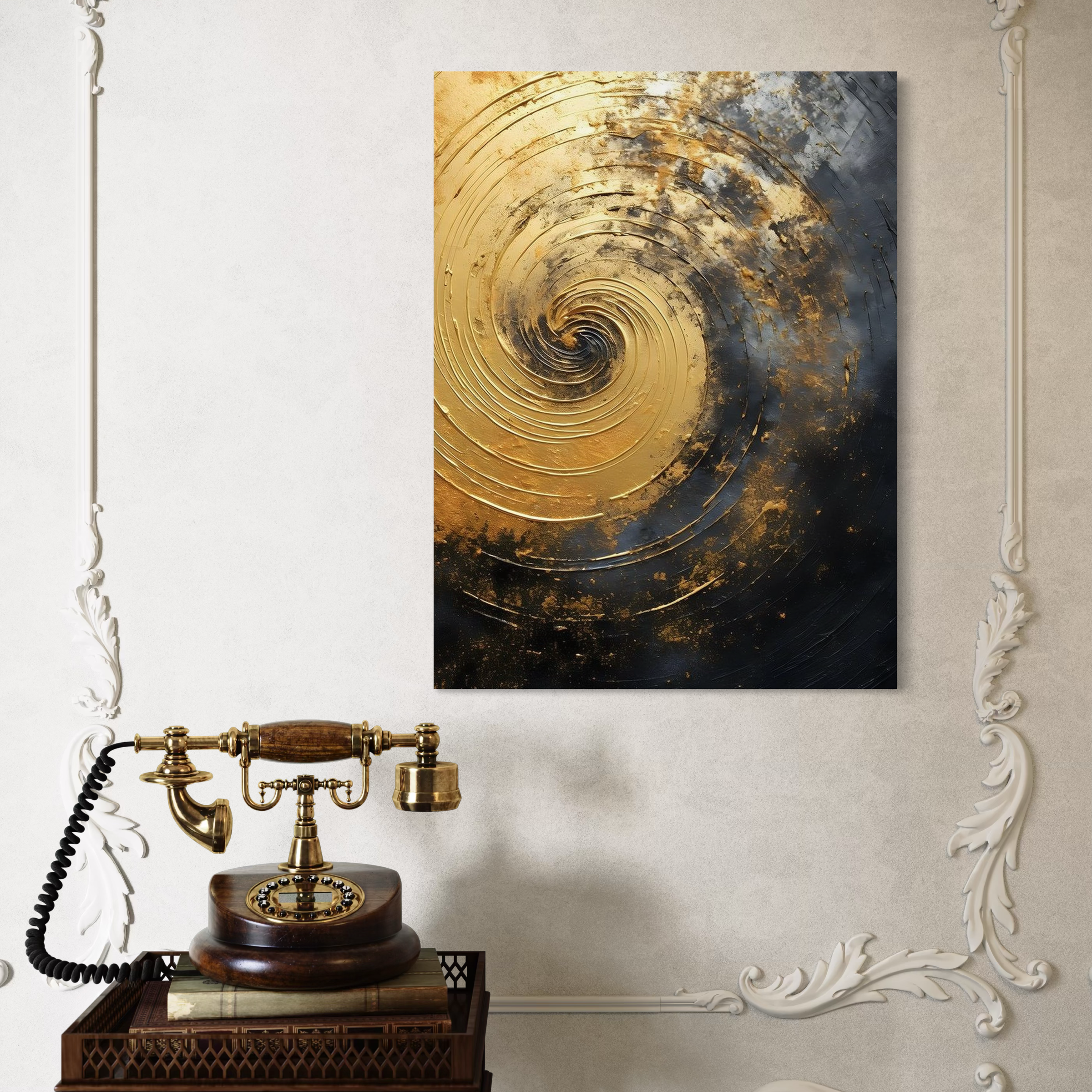 Tablou Canvas Premium, LuxCanva® C1296, Timp in rotatie, Abstract, Aur, Negru, Spirala, Centru, Univers, Memorie, Rotire, Haos, Decoratiune, Cosmologic, Mister, Uragan, Birou, Living, Dormitor