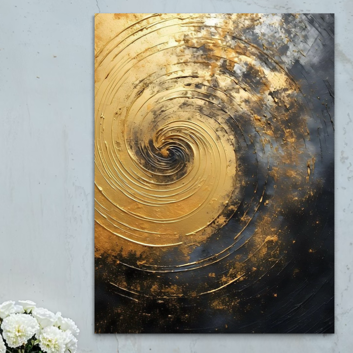 The LuxCanva® Tablou Canvas Premium, model C1296 "Timp in rotatie," prezintă o spirală aurie abstractă pe fundal negru, cu elemente cosmologice și misterioase-ideal pentru decorarea biroului, livingului sau dormitorului.