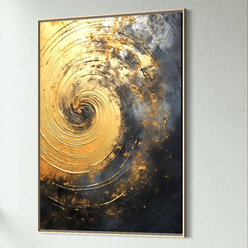 Tablou Canvas Premium, LuxCanva® C1296, Timp in rotatie, Abstract, Aur, Negru, Spirala, Centru, Univers, Memorie, Rotire, Haos, Decoratiune, Cosmologic, Mister, Uragan, Birou, Living, Dormitor
