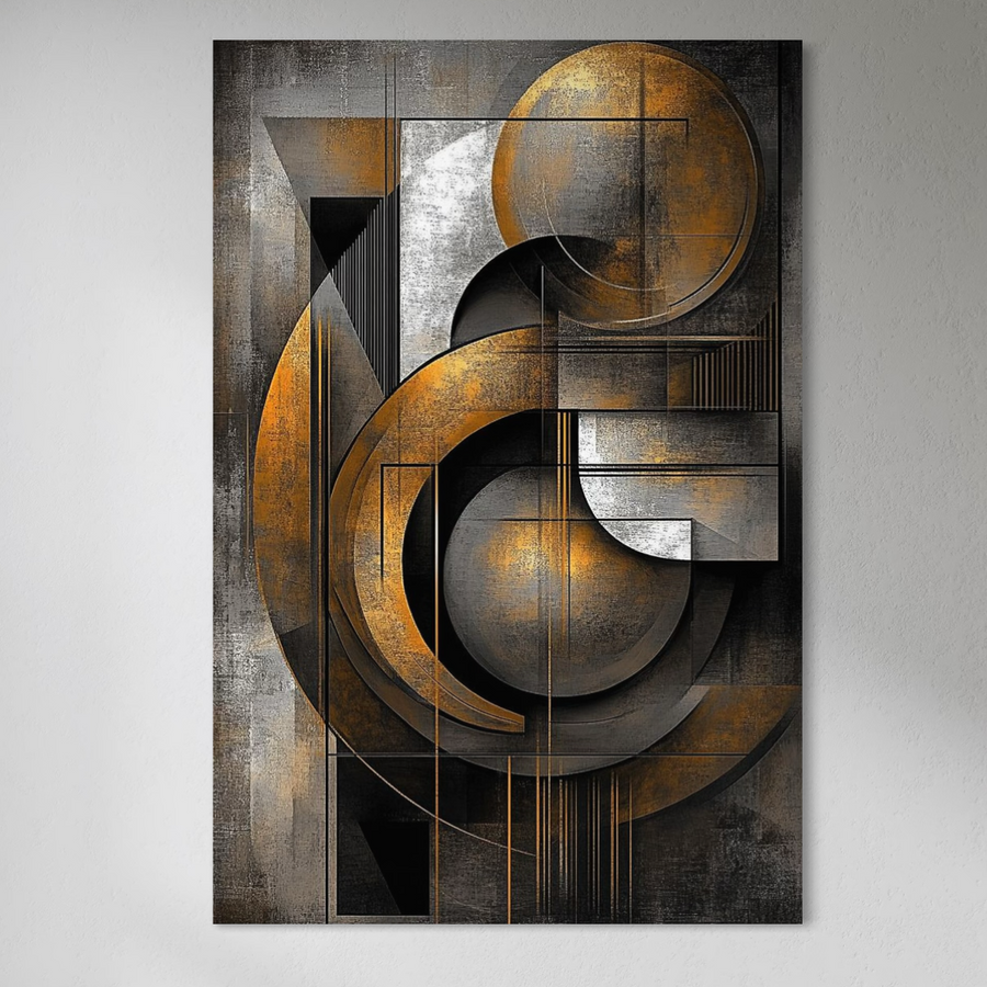 Tablou Canvas Premium LuxCanva® C1298 "Cercul care ține lumea" - abstract geometric în auriu, negru și gri, cu print de calitate pe pânză 100% bumbac. Ideal pentru birou, living sau dormitor, aduce echilibru și calm unui perete alb simplu.