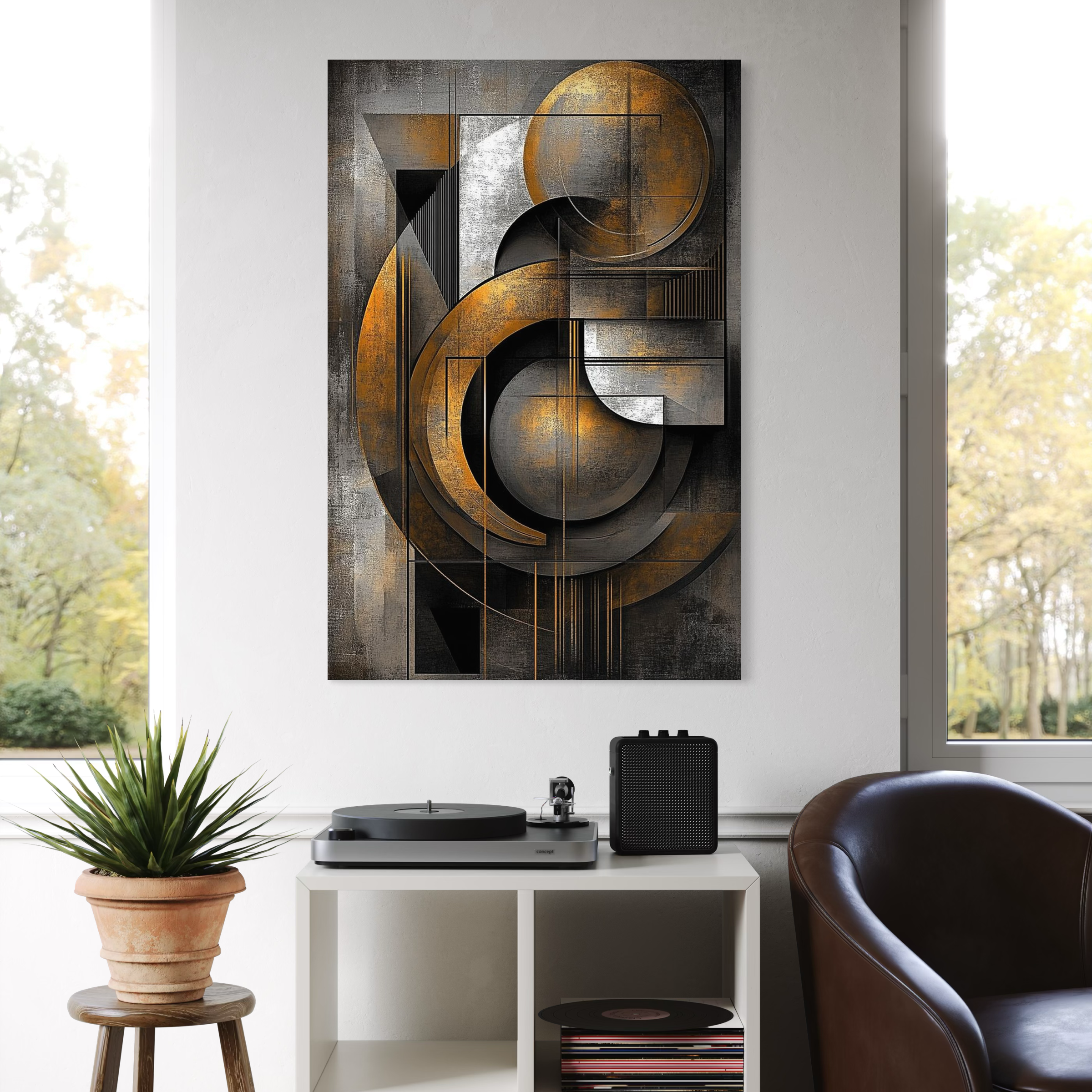 Leinwand Premium Canvas Wall Art, LuxCanva® C1298, Der Kreis, der die Welt hält, Abstrakt, Gold, Schwarz, Grau, Geometrie, Atmen, Gleichgewicht, Schwerkraft, Ritual, Ruhe, Stabilität, Materie, Büro, Wohnen, Schlafzimmer