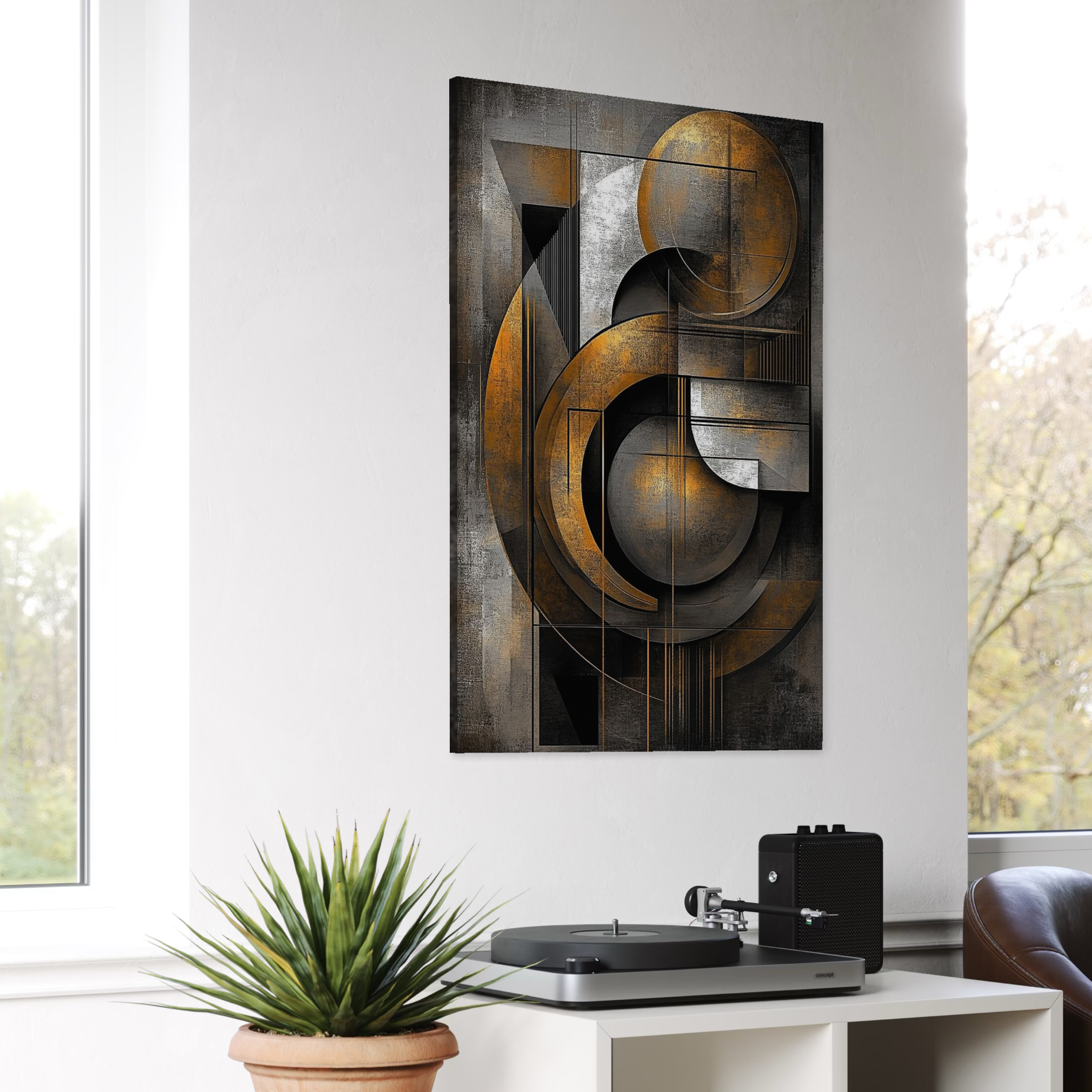 Leinwand Premium Canvas Wall Art, LuxCanva® C1298, Der Kreis, der die Welt hält, Abstrakt, Gold, Schwarz, Grau, Geometrie, Atmen, Gleichgewicht, Schwerkraft, Ritual, Ruhe, Stabilität, Materie, Büro, Wohnen, Schlafzimmer